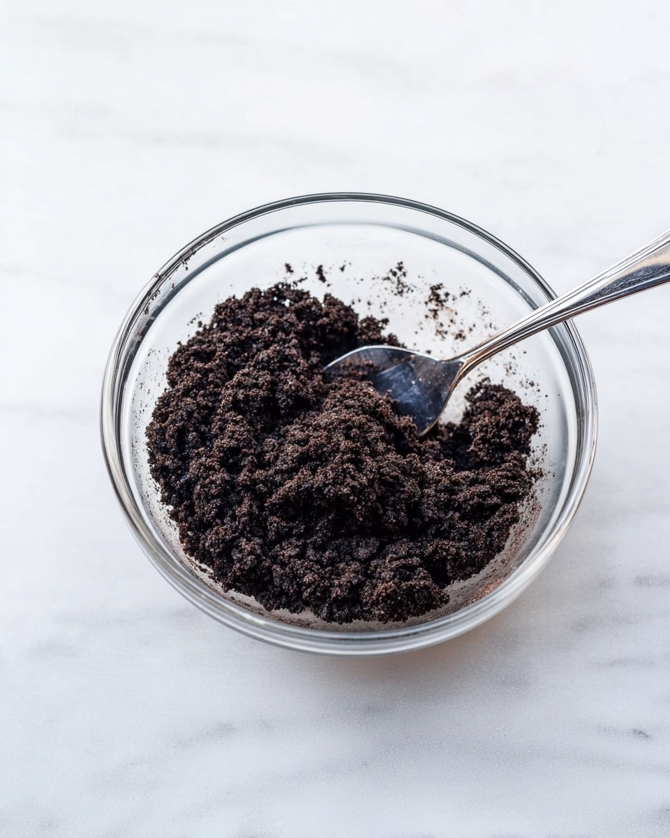 A clear glass bowl sits on a white marbled surface, filled with a dark, crumbly mixture that looks like finely crushed chocolate crumbs clumping together. Inside the bowl is a shiny silver fork partially dipped into the mixture, with some crumbs sticking to the sides of the bowl around the edges. The scene is bright and clean, focusing on the texture and rich dark brown-black color of the crumbly mixture. photo taken with an iphone --ar 4:5 --v 7