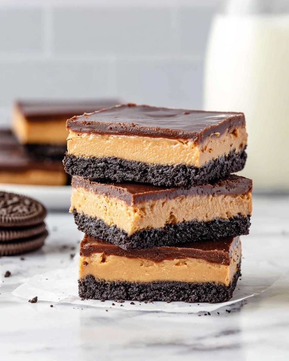 The image shows a stack of three square dessert bars on a white marbled surface. Each bar has three visible layers: a dark, crumbly base that looks like crushed chocolate cookies, a thick middle layer of smooth, light brown peanut butter filling, and a thin, shiny top layer of dark chocolate. The bars are neatly stacked, with slight texture visible on the peanut butter layer. In the background, there is a blurred glass of milk, and an Oreo cookie is partly visible on the left side. The overall scene is bright with soft lighting, capturing the details and colors clearly. photo taken with an iphone --ar 4:5 --v 7