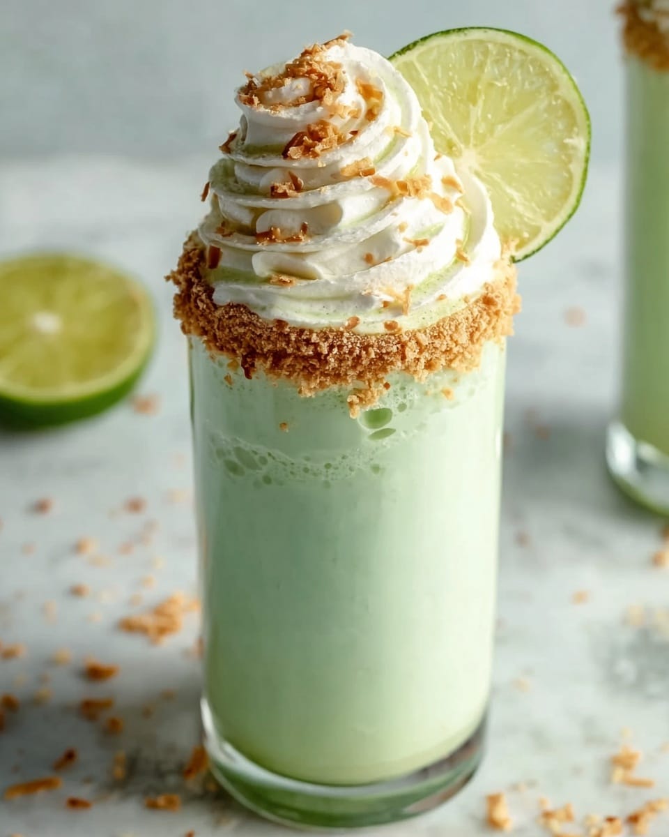 A tall clear glass filled with a smooth light green drink stands on a white marbled surface. The rim of the glass is coated with a crumbly light brown layer. On top of the green drink, there is a thick swirl of white whipped cream, sprinkled with small toasted brown flakes. A thin round slice of lime with a bright green edge and pale green center leans against the whipped cream. Small toasted flakes are scattered around the glass on the surface. photo taken with an iphone --ar 4:5 --v 7