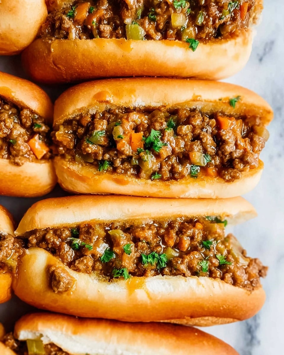 The image shows several white soft hot dog buns filled with a thick, chunky mixture of ground meat and small diced vegetables in a light brown sauce, garnished with chopped green herbs on top. The buns are lightly toasted and split open lengthwise, holding the meat mixture that almost fills each bun fully. The arrangement is close-up, with the texture of the cooked meat and sauce clearly visible, resting on a white marbled surface. photo taken with an iphone --ar 4:5 --v 7