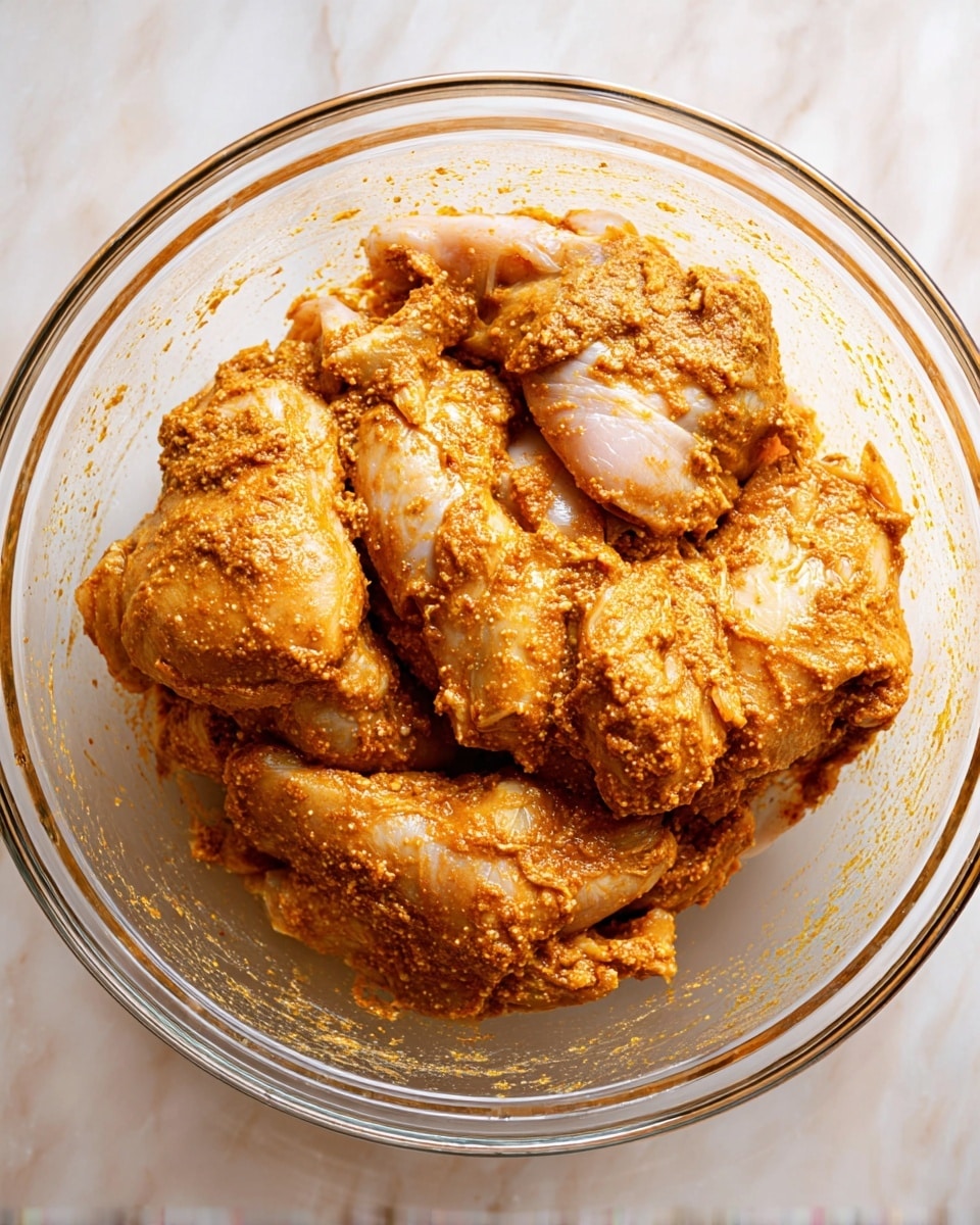 A clear glass bowl filled with several pieces of raw chicken coated in a thick, orange-brown spice mixture, the chicken pieces layered closely together showing their skin texture and the spice mix unevenly spread over them, the bowl placed on a white marbled surface photo taken with an iphone --ar 4:5 --v 7