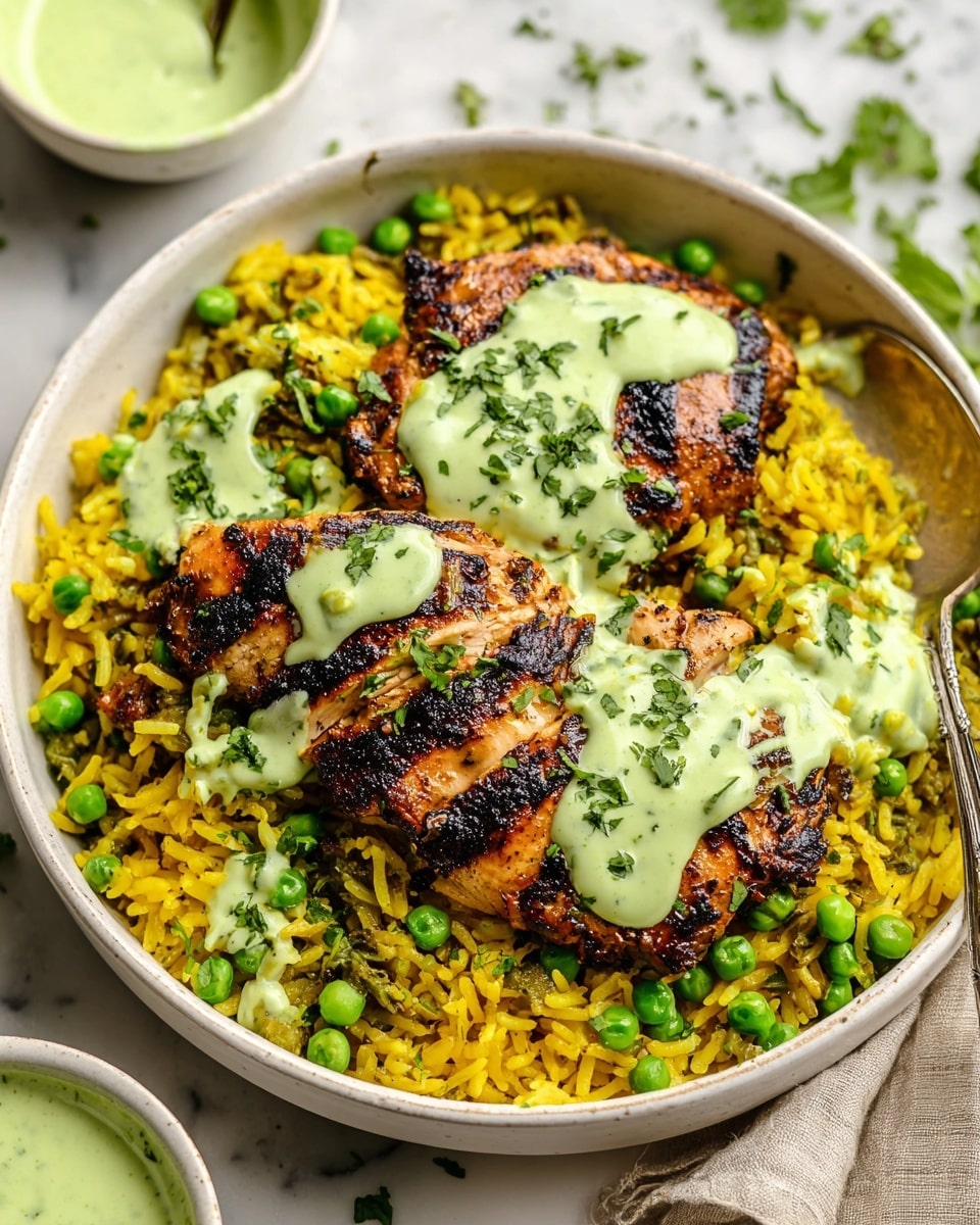 The dish shows two grilled chicken pieces with dark char lines placed on a bed of bright yellow rice mixed with green peas. Light green creamy sauce is drizzled over the grilled chicken pieces and some sauce is also spread over the rice. Fresh chopped green herbs are scattered on top of the chicken and rice. The food sits in a large white shallow bowl, with a silver spoon partially resting on the rice near the top right. On the left side of the bowl, there is some extra light green sauce in a small white bowl. The whole setup is on a white marbled surface with a few green herbs around. Photo taken with an iphone --ar 4:5 --v 7
