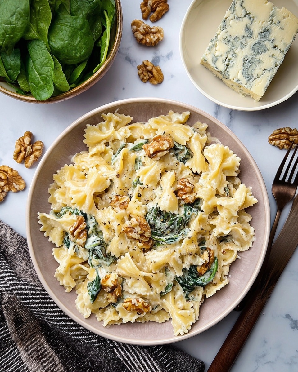 A close-up view of a white bowl filled with a creamy pasta dish showing one layer of off-white ruffled noodles mixed with wilted dark green spinach leaves and small broken pieces of brown walnuts scattered throughout. The pasta is coated in a smooth ivory-colored sauce with a slightly shiny texture. To the upper right, there is a white bowl holding a block of blue-veined cheese, and to the upper left, another white bowl filled with fresh green spinach leaves. Around the bowls, there are a few walnut halves and a brown fork placed on a white marbled surface with a striped cloth on the left side of the frame. Photo taken with an iphone --ar 4:5 --v 7