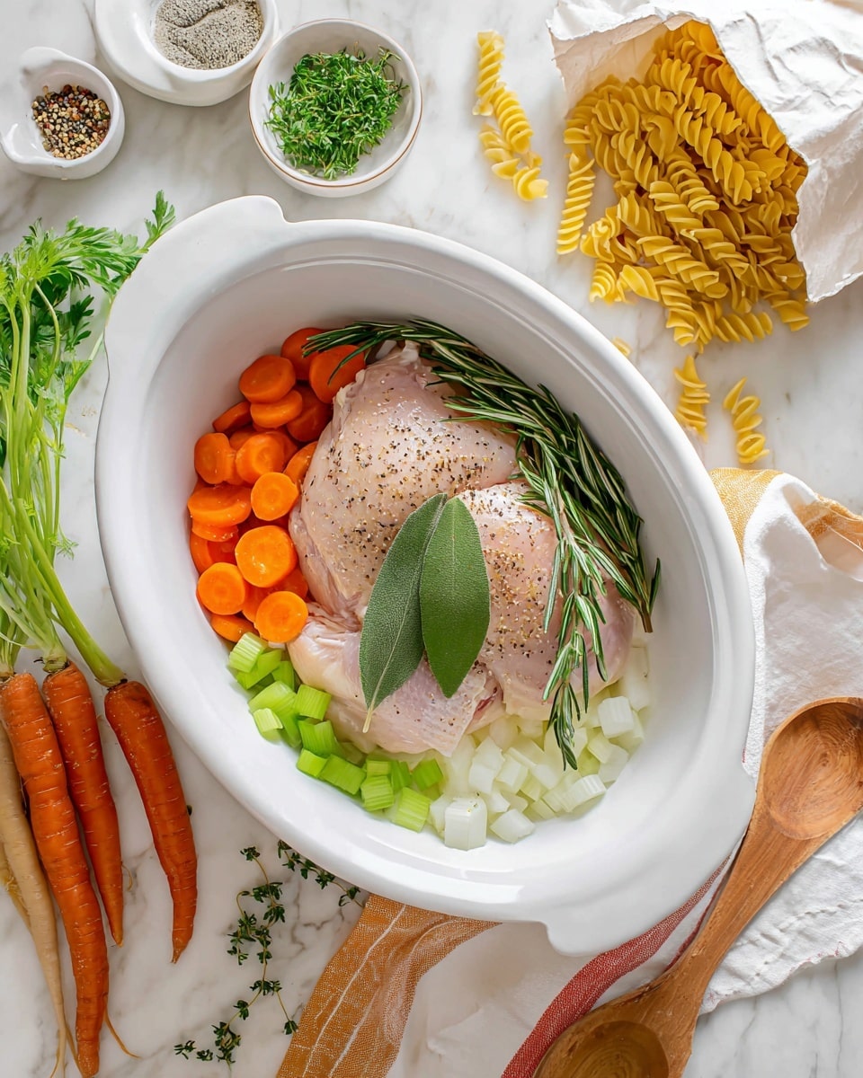 The image shows a white oval bowl with three layers: the bottom layer has chopped white onion, bright orange round carrot slices, and light green celery pieces; the middle layer has two large raw chicken pieces sprinkled with black pepper; the top layer features fresh green rosemary sprigs and two dark green bay leaves placed on top of the chicken. Around the bowl, there are whole carrots, celery stalks, half an onion, garlic cloves, fresh parsley, plates with herbs, small bowls of salt and pepper, yellow uncooked spiral pasta spilling out of an open white paper bag, a wooden spoon on a white cloth with orange stripes, all set on a white marbled surface. Photo taken with an iphone --ar 4:5 --v 7