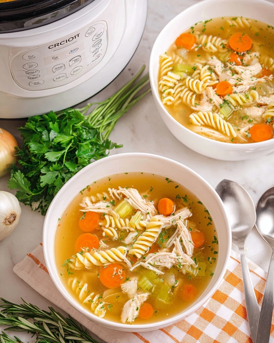 The image shows two white bowls filled with clear chicken soup on a white marbled surface. The soup has three main visible layers: at the top, light green parsley bits float, then chunks of shredded light beige chicken, slices of bright orange carrots, and green celery pieces spread through the clear golden broth, while spiraled pasta adds texture at the bottom. To the side lies a white crockpot with visible control buttons. Near the bowls, there is a bunch of fresh green parsley, a whole white onion, peeled garlic cloves, two silver spoons resting on a white and orange checked cloth, and some rosemary sprigs nearby. The photo taken with an iphone --ar 4:5 --v 7