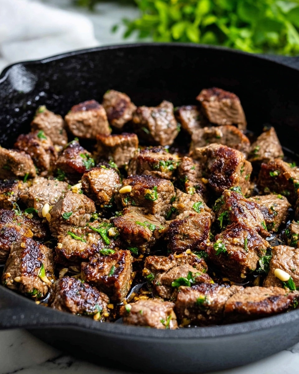 The image shows many small pieces of cooked brown meat with a slightly crispy texture in a black cast-iron pan. The meat pieces are scattered closely together, coated with tiny bits of green herbs and small pieces of garlic or seasoning. The pan sits on a white marbled surface, and green plants are blurred in the background. The meat looks juicy with some golden-brown charred spots. photo taken with an iphone --ar 4:5 --v 7