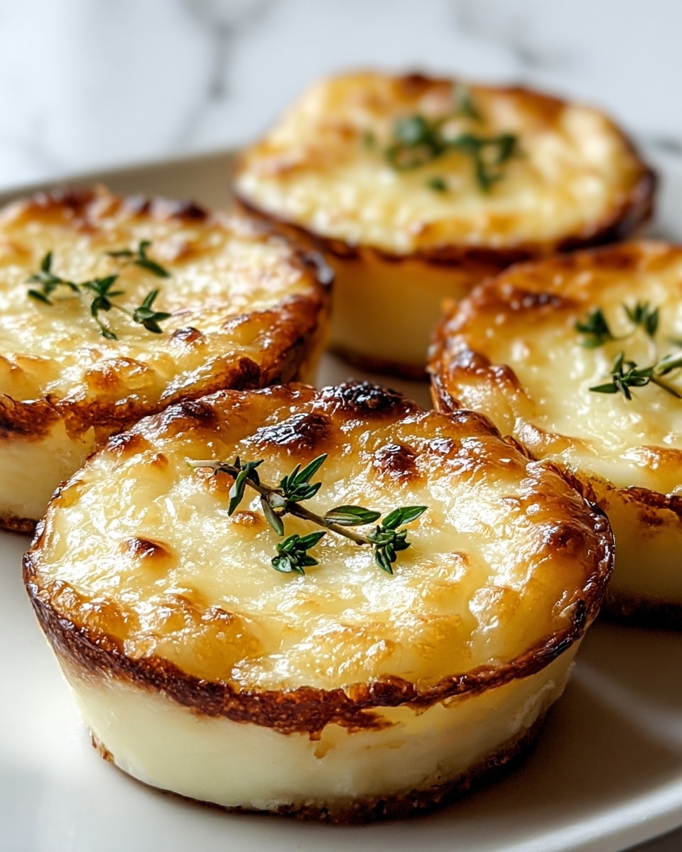 Four small round golden-brown baked dishes sit closely on a white plate placed on a white marbled surface. Each dish has three layers: a thin crispy brown crust at the bottom, a thick creamy pale yellow middle layer, and a lightly browned bubbling cheese layer on top. Small green herb leaves are delicately placed on the cheese tops, adding a touch of color and freshness. The soft light highlights the smooth texture of the layers and the slight crispiness around the edges. Photo taken with an iphone --ar 4:5 --v 7