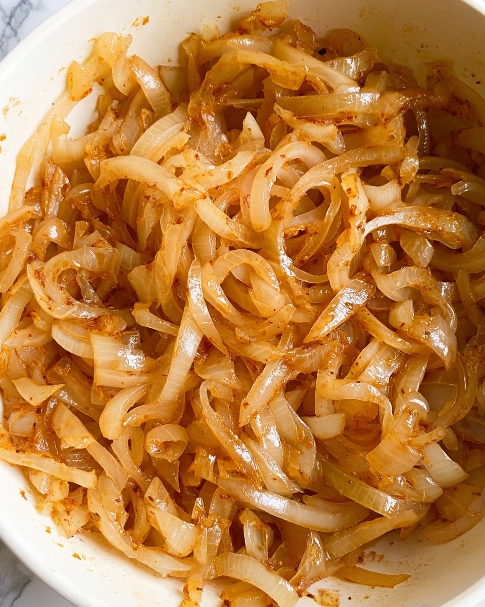 The image shows a close-up view of a dish of cooked onions in a white bowl. The onions are sliced into thin, curved strips with a shiny, slightly translucent texture. They are light brown with a warm, golden tint, showing some darker spots from cooking. The onions appear soft and layered all over the bowl, filling it evenly with no other visible ingredients. The background has a white marbled texture, enhancing the dish’s warm tones. photo taken with an iphone --ar 4:5 --v 7