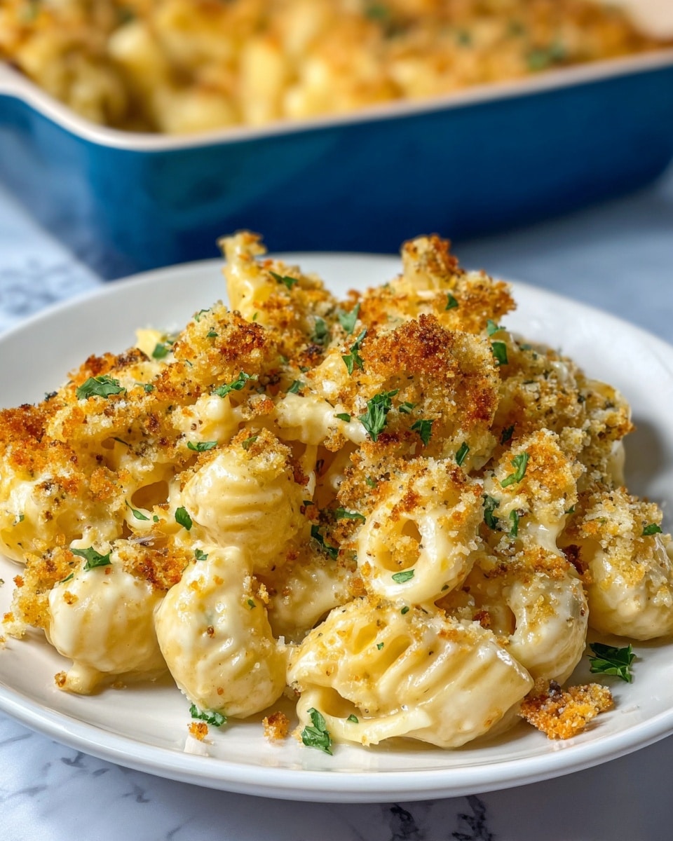 A close-up view of creamy macaroni and cheese on a white plate, showing three main parts: the pasta shells with a pale yellow color and smooth texture covered in a thick, creamy cheese sauce; a golden-brown crispy breadcrumb topping scattered unevenly around and on top of the pasta, adding a crunchy texture; and small green parsley pieces sprinkled lightly over the dish, giving a fresh touch. The plate sits on a white marbled surface and a blue baking dish with more macaroni and cheese is blurred in the background. Photo taken with an iphone --ar 4:5 --v 7