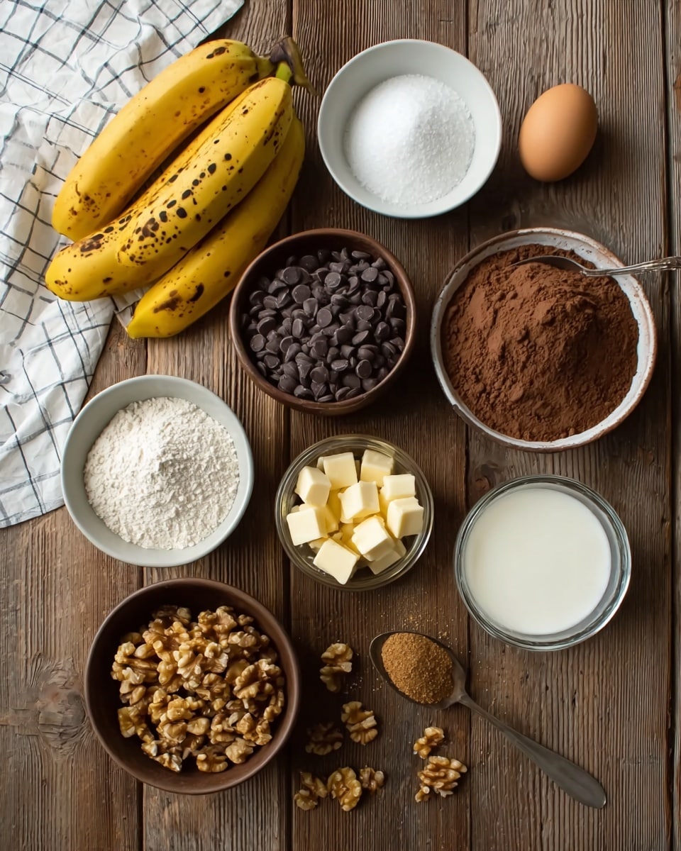 A wooden table holds several small bowls and items arranged neatly: three yellow bananas with brown spots on the left, one brown egg below them, and a small white bowl with dark round chocolate chips in the center. Above the chocolate chips, there is a white bowl filled with white granulated sugar, and next to that, a white bowl filled with brown cocoa powder. To the right of the cocoa powder, a small dark bowl holds golden walnuts. Below the walnuts, a brown bowl is filled with a white powdery substance, with some walnut pieces scattered around it. Near the bottom center, a small clear glass bowl contains light brown chunks, and to its right, a white bowl has white milk. There is also a spoon with brown powder on the right side. The table has a rustic texture, and a white checkered cloth partially appears at the top left corner photo taken with an iphone --ar 4:5 --v 7