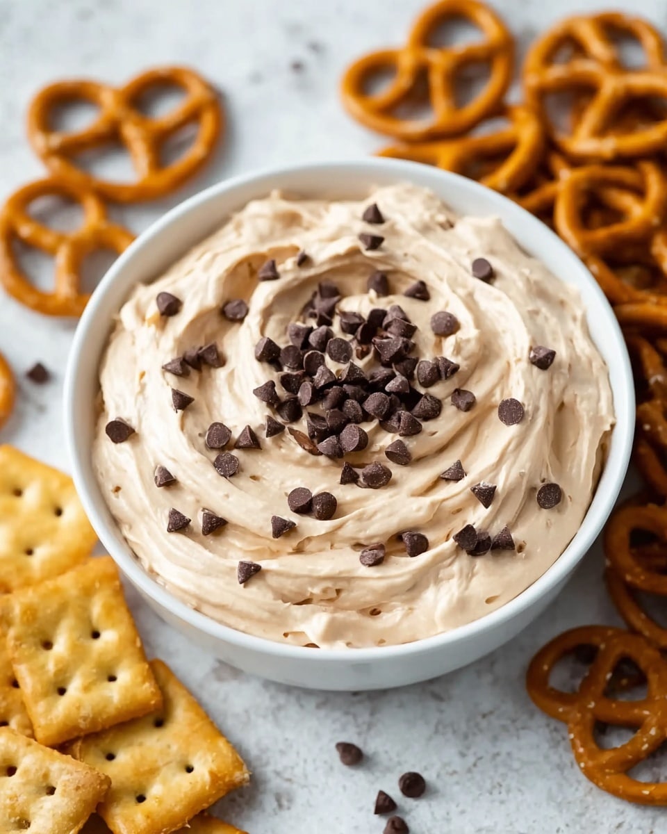 A white bowl filled with a creamy, light beige dip that has a smooth and fluffy texture, topped with small dark brown chocolate chips scattered on top and mixed inside the dip. Around the bowl, there are golden brown pretzels and crunchy square crackers with small holes, placed on a white marbled textured surface. Photo taken with an iphone --ar 4:5 --v 7