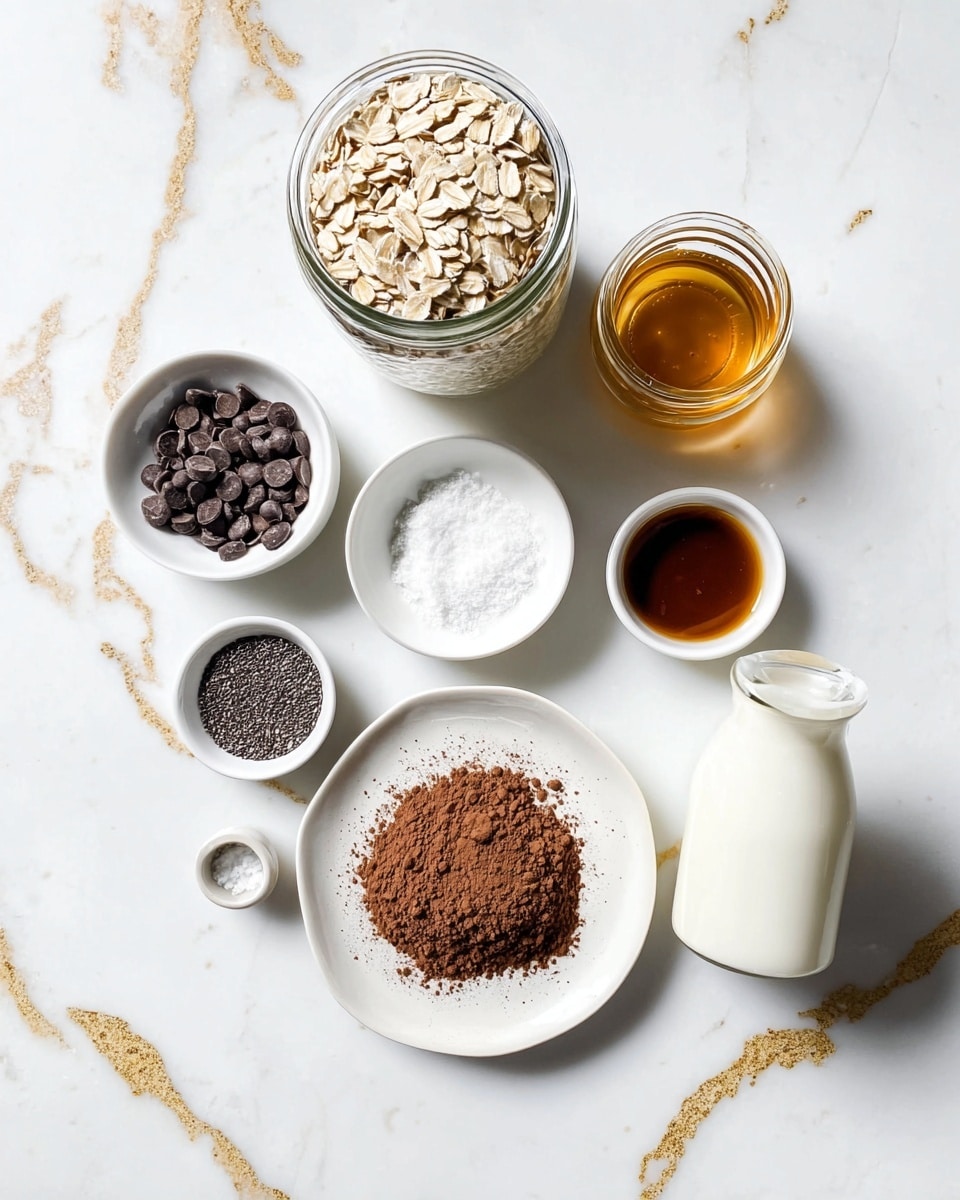 The image shows an arrangement of ingredients on a white marbled surface with gold veins. In the center, there is a white plate with a pile of brown cocoa powder. Around it are small white bowls containing dark brown chocolate chips, black chia seeds, white salt, and white thick cream. A clear jar filled with light beige rolled oats is placed near the top. There is also a small jar with dark liquid, a glass jar with golden honey, and a small glass bottle of white milk placed around the central plate. All items are spaced evenly and the photo looks bright and clean. photo taken with an iphone --ar 4:5 --v 7
