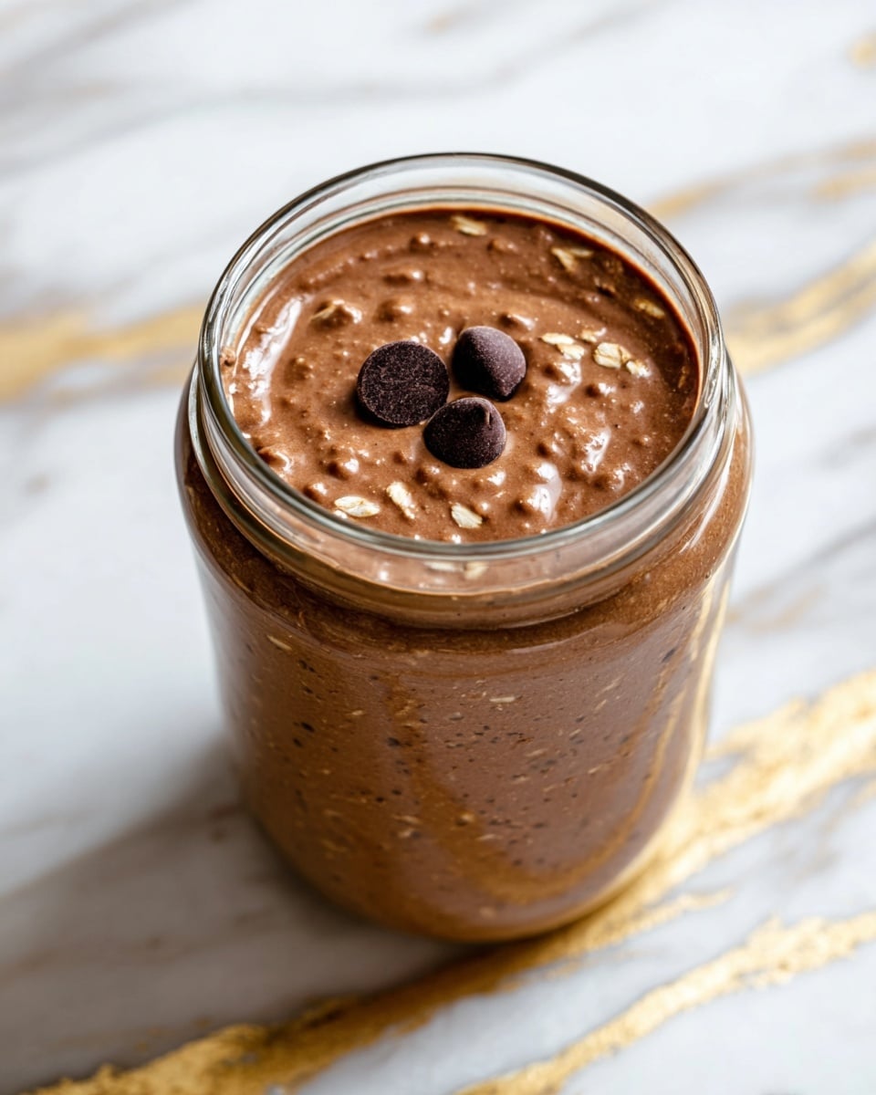 A clear glass jar filled with a thick, smooth chocolate mixture that has visible small oat flakes spread throughout. The top layer is a creamy chocolate brown with three small dark chocolate chips placed near the center. The jar sits on a white marbled surface with gold streaks. Photo taken with an iphone --ar 4:5 --v 7