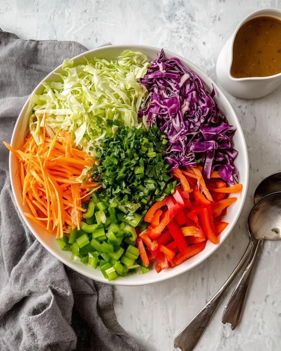 A large white bowl on a white marbled surface holds six layers of fresh vegetables arranged in sections. Starting from the top left going clockwise, there are thin strips of purple cabbage, light green cabbage, chopped green bell peppers, thin orange carrot sticks, chopped green onions, and red bell pepper slices. In the center of the bowl is a pile of chopped green herbs. To the right of the bowl is a small white jug filled with brown dressing, and below the bowl are two silver spoons crossed on the white marbled surface. A gray cloth is partially visible on the bottom left side of the image. photo taken with an iphone --ar 4:5 --v 7
