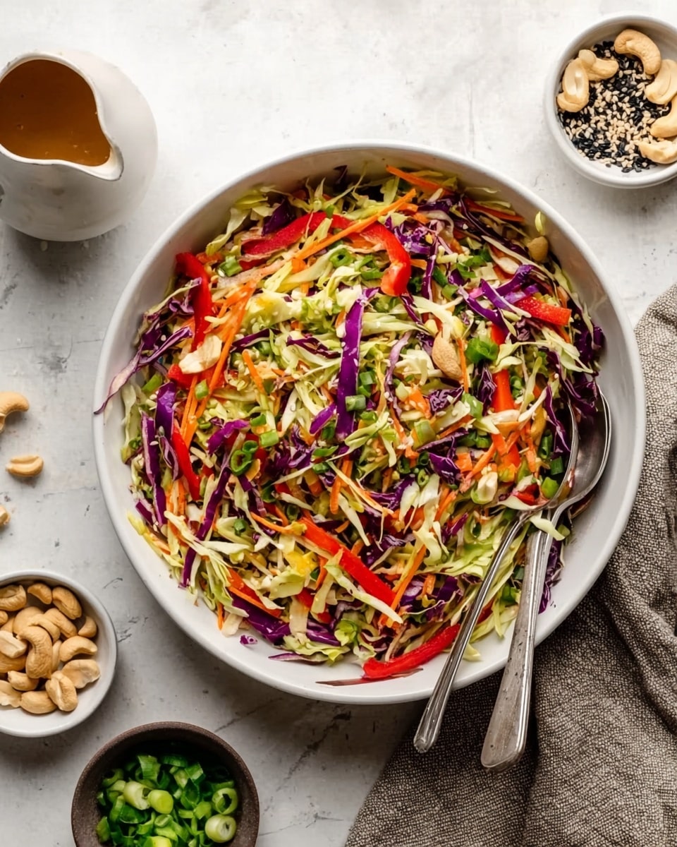 A large white bowl filled with a colorful mixed salad, showing thin layers of bright green cabbage, purple cabbage, orange carrot sticks, and red bell pepper slices all mixed together with some dark green herbs and light green sliced scallions scattered on top. Two silver spoons rest inside the bowl, partially submerged in the salad. Around the bowl, on a white marbled surface, there are small white bowls containing cashew nuts and sliced almonds, a small bowl of sliced green scallions, and some sesame seeds in a dark dish. A white ceramic pourer with light brown sauce sits to the left, near the edge of a textured gray cloth. photo taken with an iphone --ar 4:5 --v 7