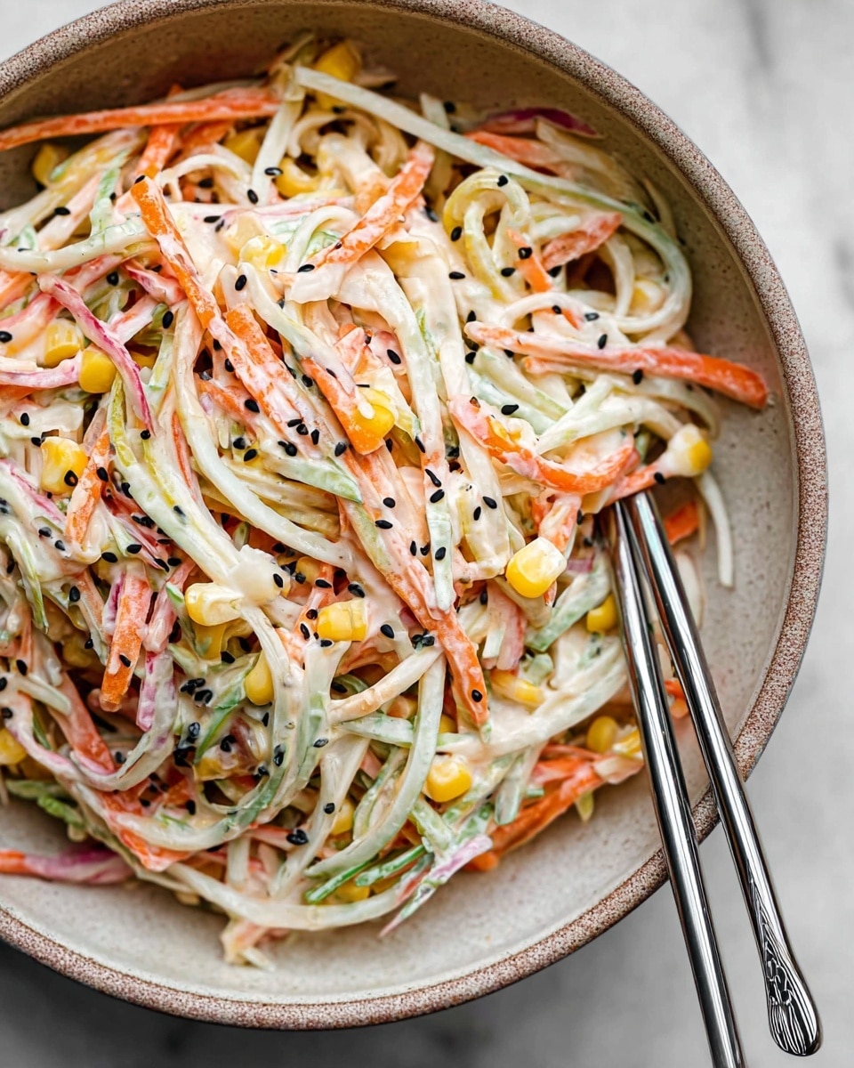 A close-up view of a light beige bowl filled with a colorful salad, featuring thin strips of white, orange, pink, and green vegetables mixed with small yellow corn pieces, all coated in a creamy dressing. The salad is sprinkled with small black sesame seeds, adding texture and contrast. Positioned inside the bowl on the right side are two shiny silver metal chopsticks resting diagonally on the salad. The bowl is placed on a white marbled surface. photo taken with an iphone --ar 4:5 --v 7