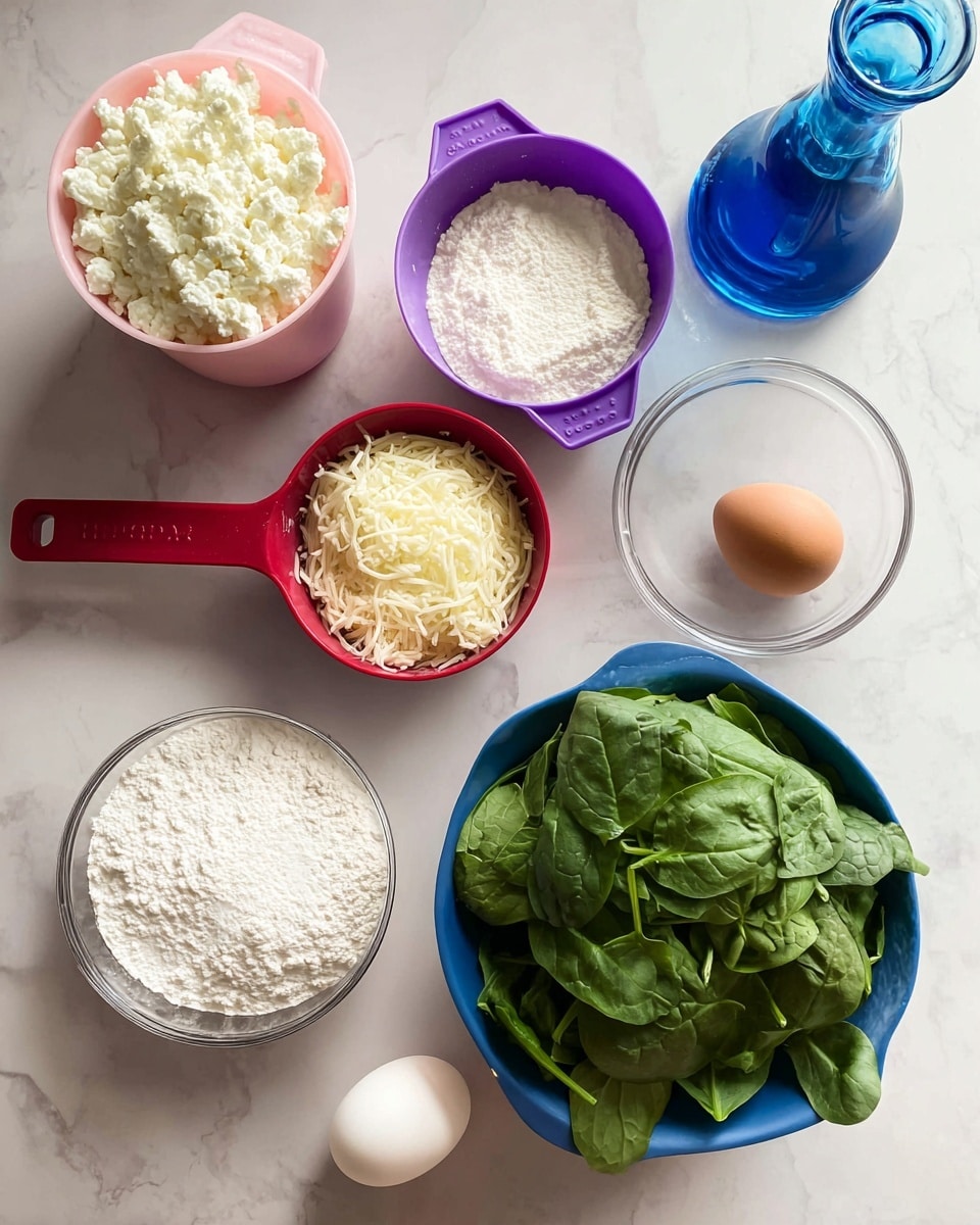 The image shows several cooking ingredients placed on a white marbled surface. There is a pink measuring cup filled with cottage cheese at the top left and below it, a purple measuring cup full of white flour. Next to the flour cup is a red measuring cup containing shredded mozzarella cheese. A single brown egg lies near the center next to a clear glass bowl with white powder, likely baking soda and baking powder. On the right, a blue bowl is full of fresh green spinach leaves. A clear blue glass oil dispenser is placed in the upper right corner. The setup appears clean and organized, ready for cooking. Photo taken with an iphone --ar 4:5 --v 7