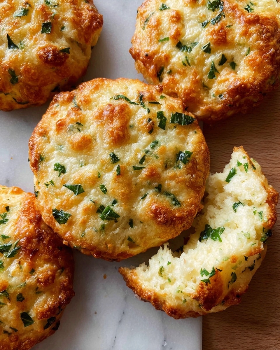 The image shows a golden-brown biscuit with a rough, slightly bumpy surface, dotted with pieces of green herbs scattered throughout. The biscuit is thick and round, with a soft inside visible in a bitten one at the corner showing a fluffy, light texture. The outer crust is crispy with a warm, toasted look. The biscuits are placed close together on a white marbled surface. photo taken with an iphone --ar 4:5 --v 7
