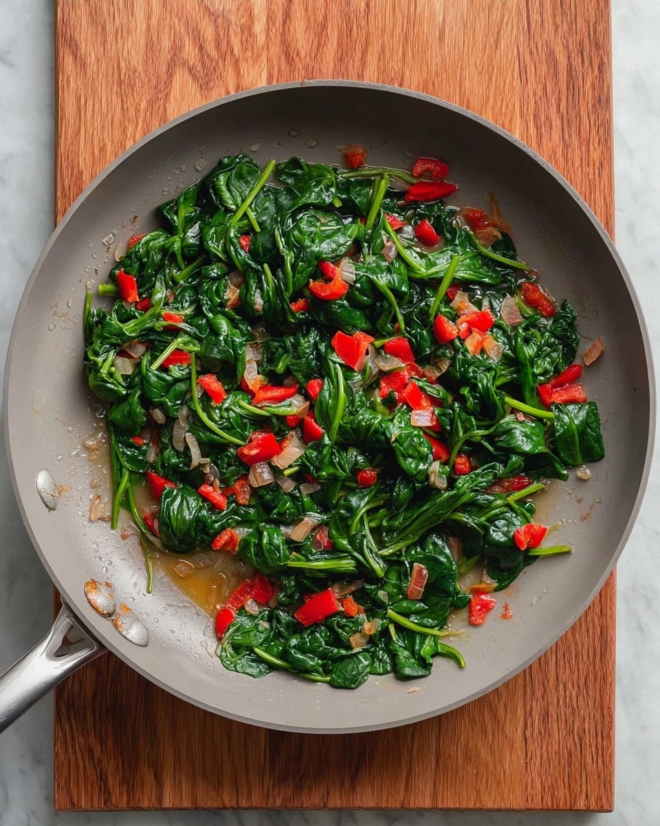 A light gray frying pan sits on a wooden board with a white marbled background. Inside the pan, there is a mix of cooked spinach leaves, showing dark green shiny textures with some stems visible. Scattered evenly among the spinach are small, bright red diced bell peppers and small pieces of cooked translucent onion. The ingredients look fresh and slightly soft, spread in a thin layer across the pan bottom. photo taken with an iphone --ar 4:5 --v 7