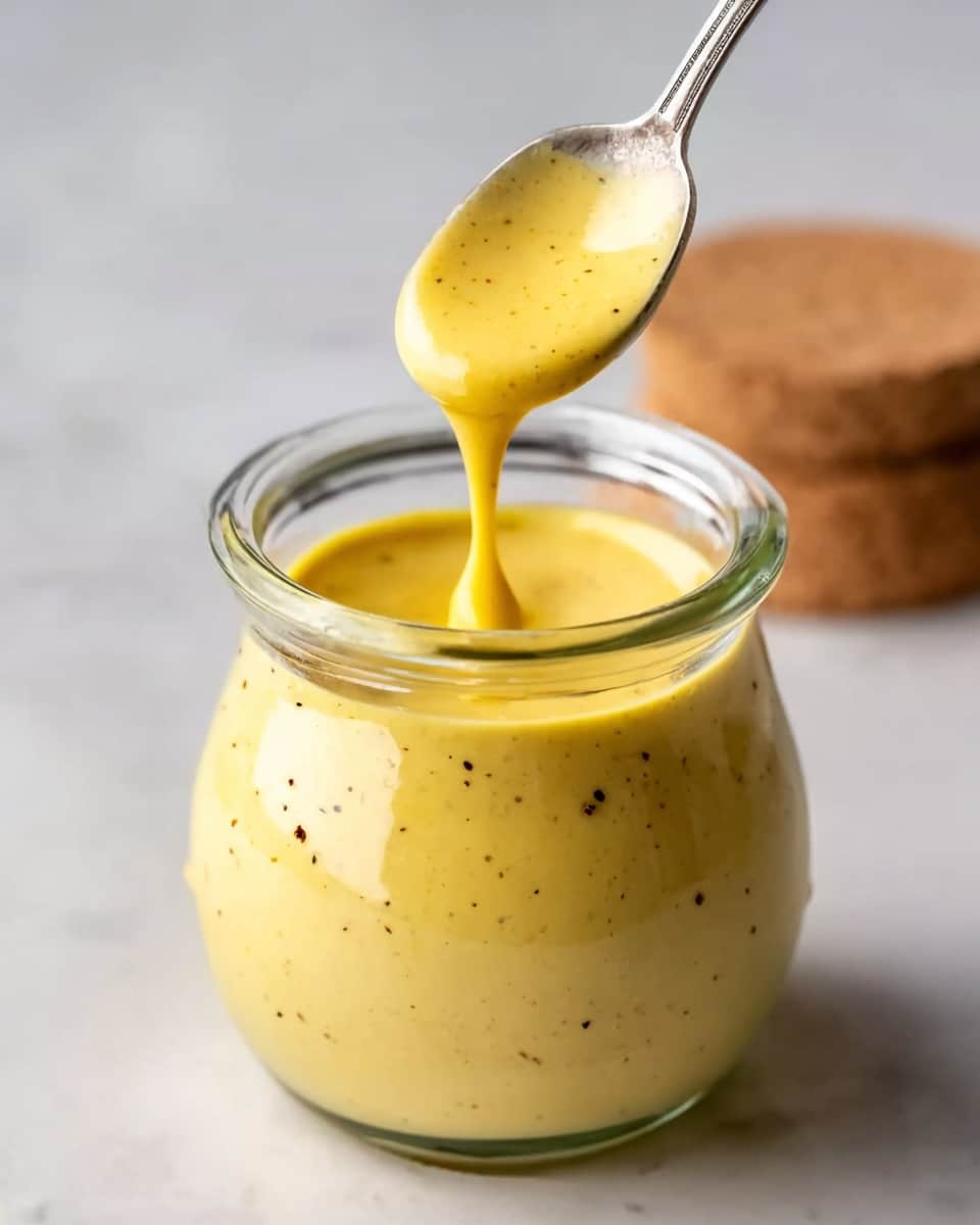 A clear glass jar filled with a smooth, creamy yellow sauce speckled with tiny black pepper bits. A silver spoon is lifted above the jar, holding a thick drizzle of the sauce that slowly flows back into the jar. The jar is sitting on a white marbled surface with a round cork lid blurred in the background. The image focuses closely on the sauce's texture and color, showing its rich consistency photo taken with an iphone --ar 4:5 --v 7