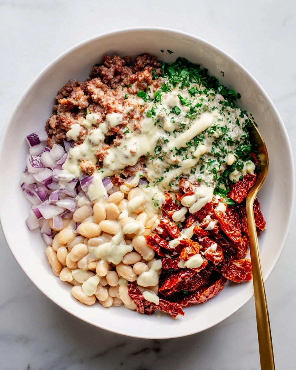 A white bowl on a white marbled surface holds a layered dish with six distinct parts. Starting from the top left and moving clockwise, there is a layer of browned cooked ground meat, followed by finely chopped green herbs mixed with a creamy light sauce. Next is a pile of pale beige beans, then sun-dried tomatoes with a deep red color drenched in the same light sauce. To the bottom left, there are small pieces of fresh purple onion, all topped with drizzled creamy sauce. A gold spoon rests inside the bowl on the right side. Photo taken with an iphone --ar 4:5 --v 7