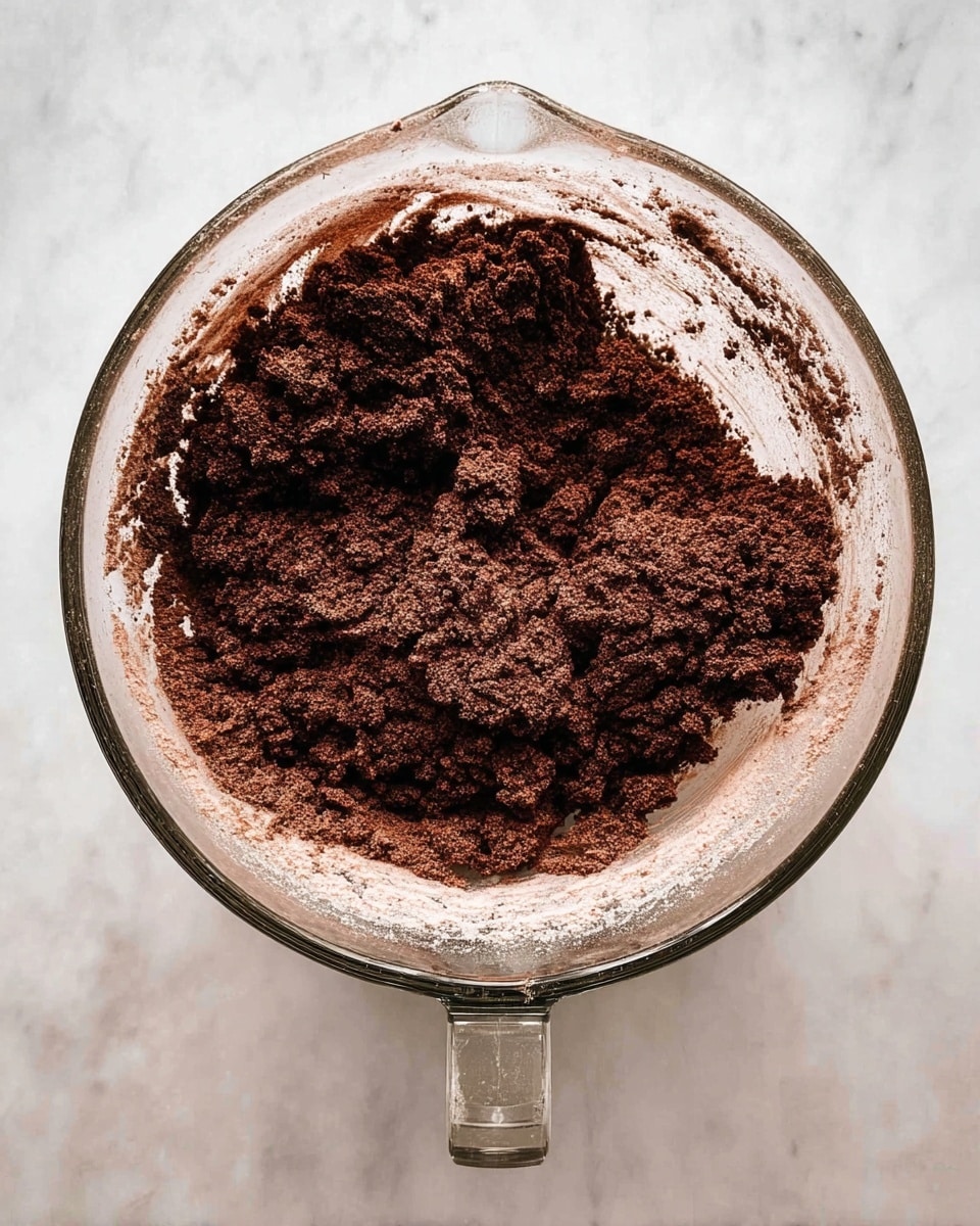 A clear glass mixing bowl on a white marbled surface holds thick, dark brown cocoa dough with a crumbly texture. The dough layers are uneven, clumped together in the center with some loose powder and flour visible along the sides of the bowl. The bowl’s handle points downward, and the overall look is rustic and just-mixed. photo taken with an iphone --ar 4:5 --v 7