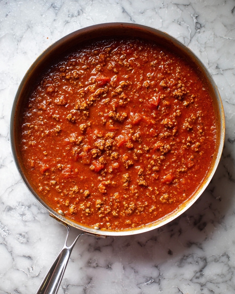 A shiny metal pan filled with a rich, thick reddish-brown meat sauce, showing small crumbled pieces of cooked ground meat mixed evenly throughout the saucy texture. The sauce looks smooth with some small chunks of tomato and meat dispersed across the surface, giving it a hearty, dense appearance. The pan has a long metal handle and is resting on a white marbled textured surface photo taken with an iphone --ar 4:5 --v 7