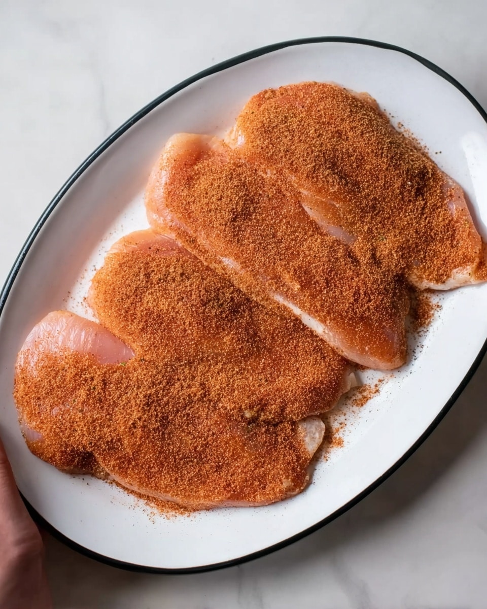 On a white oval plate with a black rim, there are three large pieces of raw chicken laid side by side. Each piece is covered evenly with a brownish-red spice rub that gives a fine, powdery texture. The chicken pieces have a smooth, slightly shiny surface with the spice layer sitting thin on top. A woman's hand is holding the edge of the plate over a white marbled surface. Photo taken with an iphone --ar 4:5 --v 7