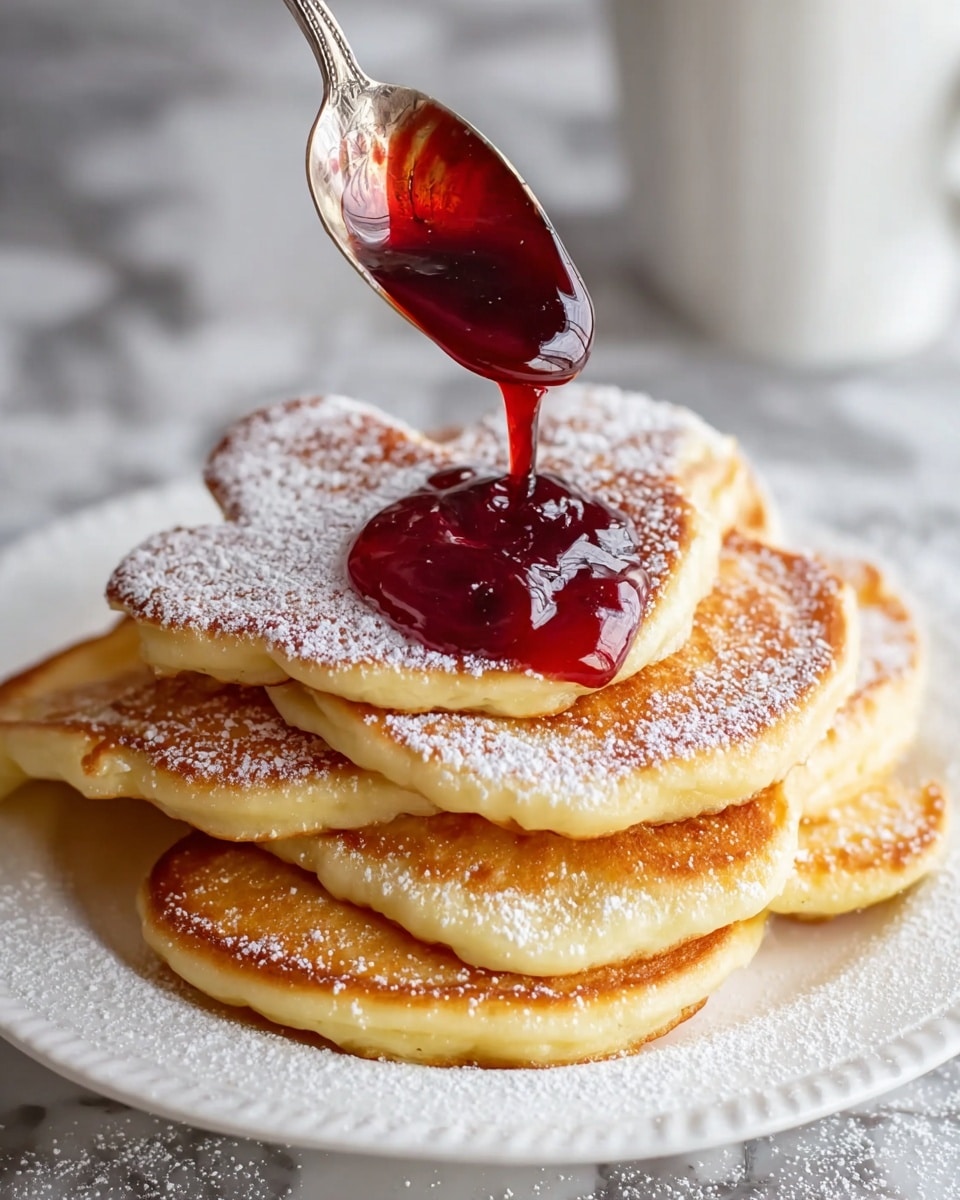 A white plate holds a stack of five pancakes with golden brown edges and a soft, light yellow center. Each pancake is dusted with white powdered sugar, adding a fine texture on top. A silver spoon is pouring a thick, dark red syrup in the middle of the top pancake, creating a glossy, smooth pool that contrasts with the matte surface of the pancakes. The backdrop shows a white marbled texture that softly reflects light, and a white cup is blurred in the background. photo taken with an iphone --ar 4:5 --v 7