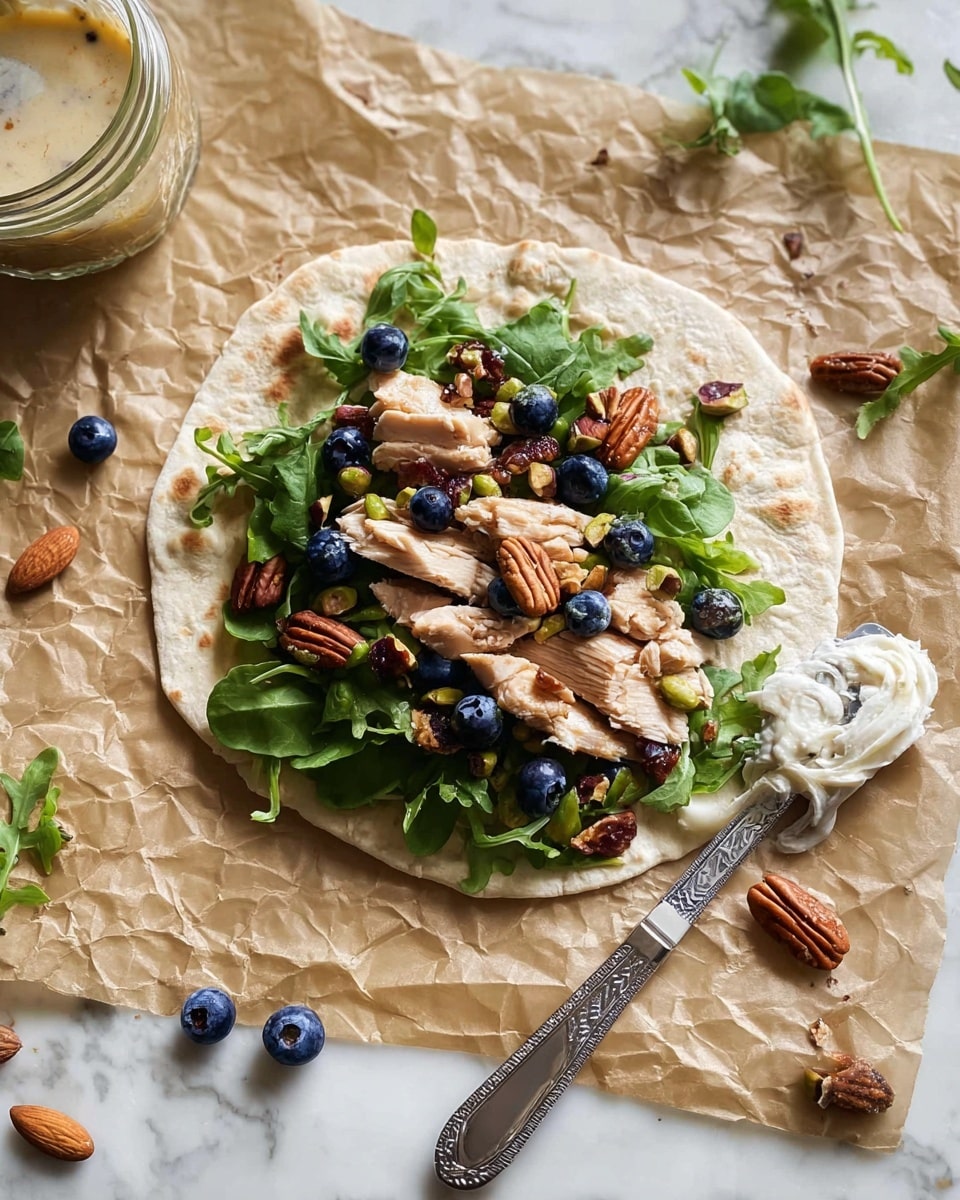 A soft, light beige flatbread lays open on crinkled brown parchment paper over a white marbled surface, topped with several layers: first a bed of fresh, green arugula leaves; on top are thin pieces of cooked light brown chicken scattered evenly; next, bright blue blueberries are spread across the chicken; mixed in are a handful of brown pecans and lighter green pistachios. To the right side of the flatbread, a silver knife rests, spreading a creamy white cheese from a clear container visible in the corner. A few almonds and blueberries are scattered casually around the parchment. Photo taken with an iphone --ar 4:5 --v 7