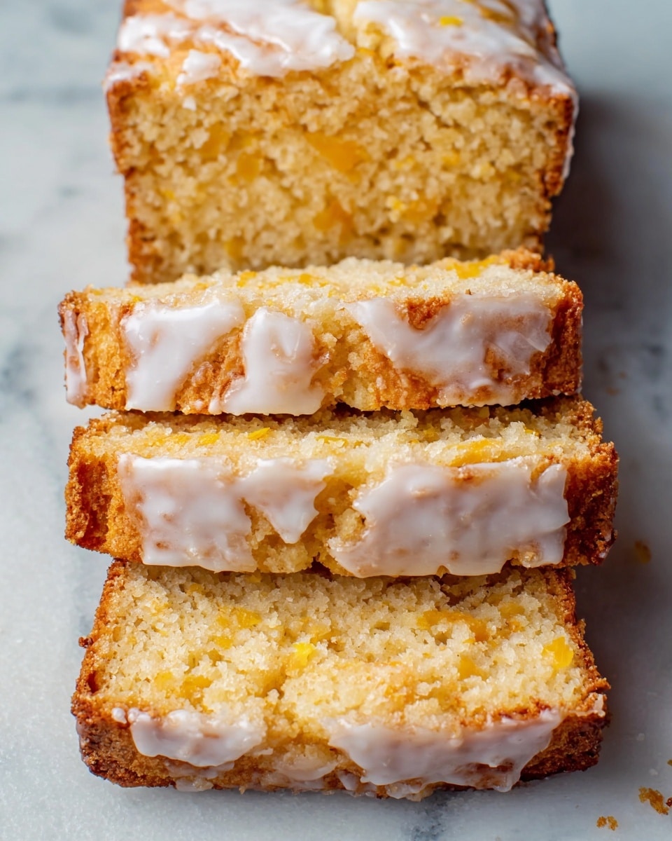 The image shows a loaf of cake with four thick slices laid out in a stack. Each slice has a crumbly, soft texture with a pale yellow color mixed with small bits of a darker yellow ingredient. The top layer of the loaf is covered with a white icing that looks slightly cracked and uneven, adding texture to the surface. The edges of the icing drip slightly down the sides of the slices. The cake is placed on a flat surface with a white marbled texture. Photo taken with an iphone --ar 4:5 --v 7