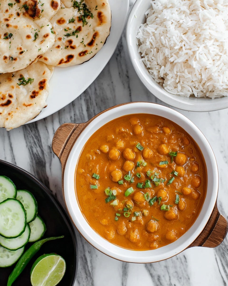 A white bowl with a wooden handle is filled with thick orange curry, containing small chickpeas and topped with small green herb pieces sprinkled on top. To the upper left, there is a white plate holding two pieces of flatbread with browned spots and bits of herbs. To the upper right, a white bowl contains white steamed rice with a fluffy texture. At the bottom, sliced cucumber rounds arranged closely on a black plate are visible, with a green chili and a lime wedge placed on the white marbled surface around the dishes. photo taken with an iphone --ar 4:5 --v 7
