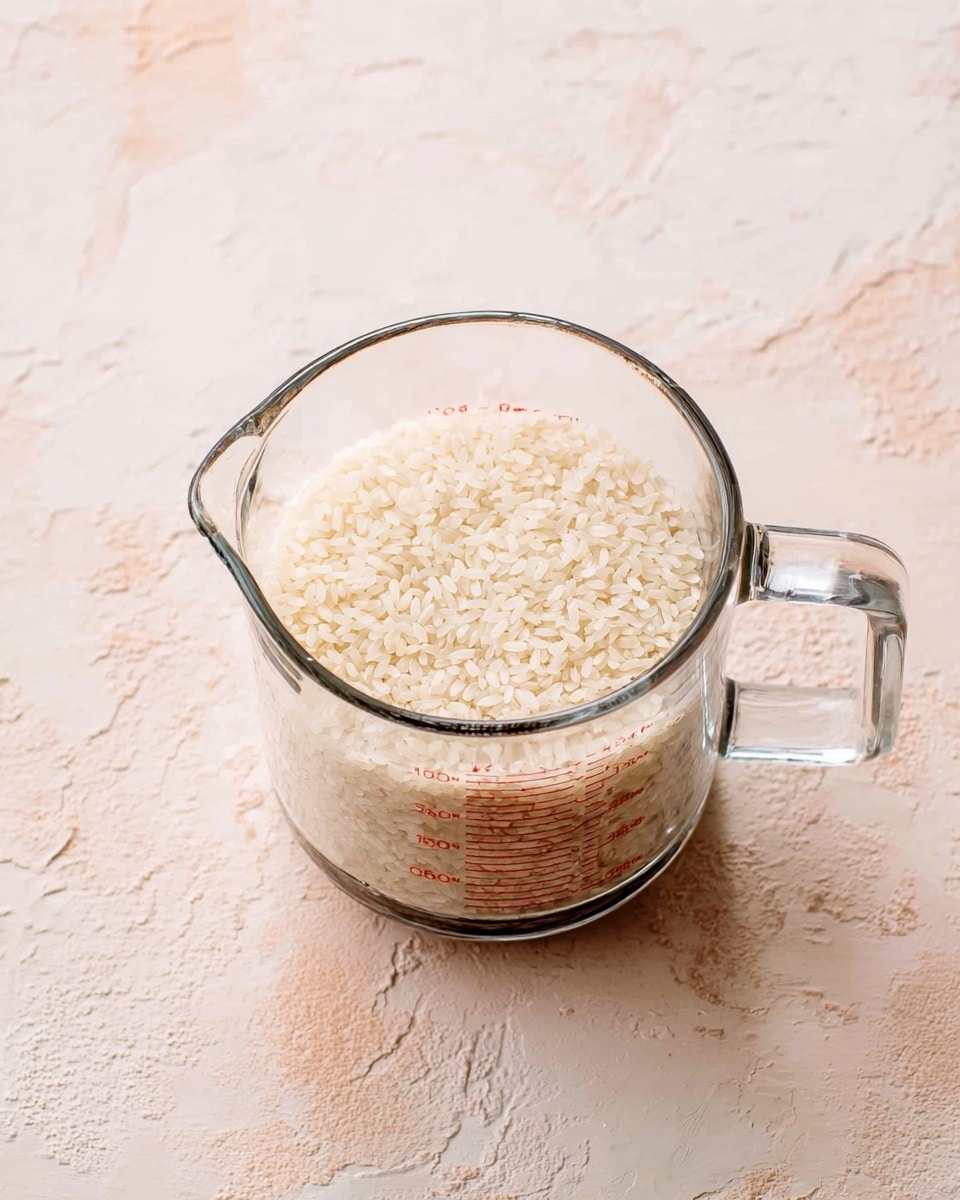 A clear glass measuring cup filled with white rice grains, sitting on a light-colored textured surface with soft pink and beige tones. The grains of rice are small and uniformly shaped, filling the cup almost to the top. The measuring cup has a handle on the right side and a small spout on the left, with measurement markings faintly visible on the side. The background is a white marbled texture. photo taken with an iphone --ar 4:5 --v 7
