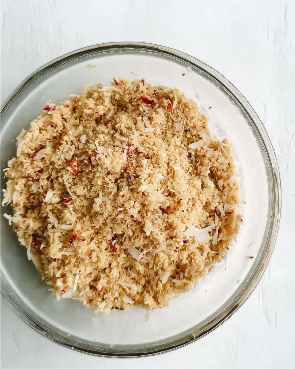 A clear glass bowl filled with a mixture that looks crumbly and light brown with small bits of red and white textures scattered throughout, sitting on a white marbled surface. The mixture fills the bowl evenly without spilling over, creating a rough, grainy top layer with visible shreds or small pieces throughout. photo taken with an iphone --ar 4:5 --v 7