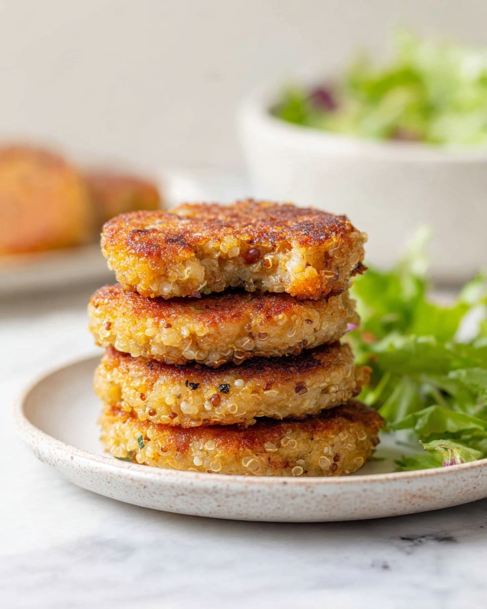 A stack of four golden-brown patties with a crispy texture on the outside sits at the center of a white plate on a white marbled surface. The patties show small bits of what looks like grains and herbs mixed in, giving a speckled effect of light and dark brown spots with hints of purple. The top patty is slightly separated from the rest, showing its uneven edges and soft inside. In the blurred background, a white bowl filled with green leafy salad is visible. Photo taken with an iphone --ar 4:5 --v 7