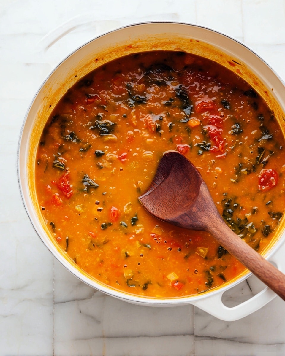A large white pot filled with thick orange soup with visible pieces of red tomatoes, small orange chunks, and dark green leafy bits mixed throughout, giving a rich texture with some bubbles on the surface. A wooden spoon with a deep bowl is partially submerged in the soup, resting near the center right of the pot. The pot sits on a white marbled surface that shows subtle grey veins. The rim of the pot has some orange soup stains, adding to the homemade feel. photo taken with an iphone --ar 4:5 --v 7