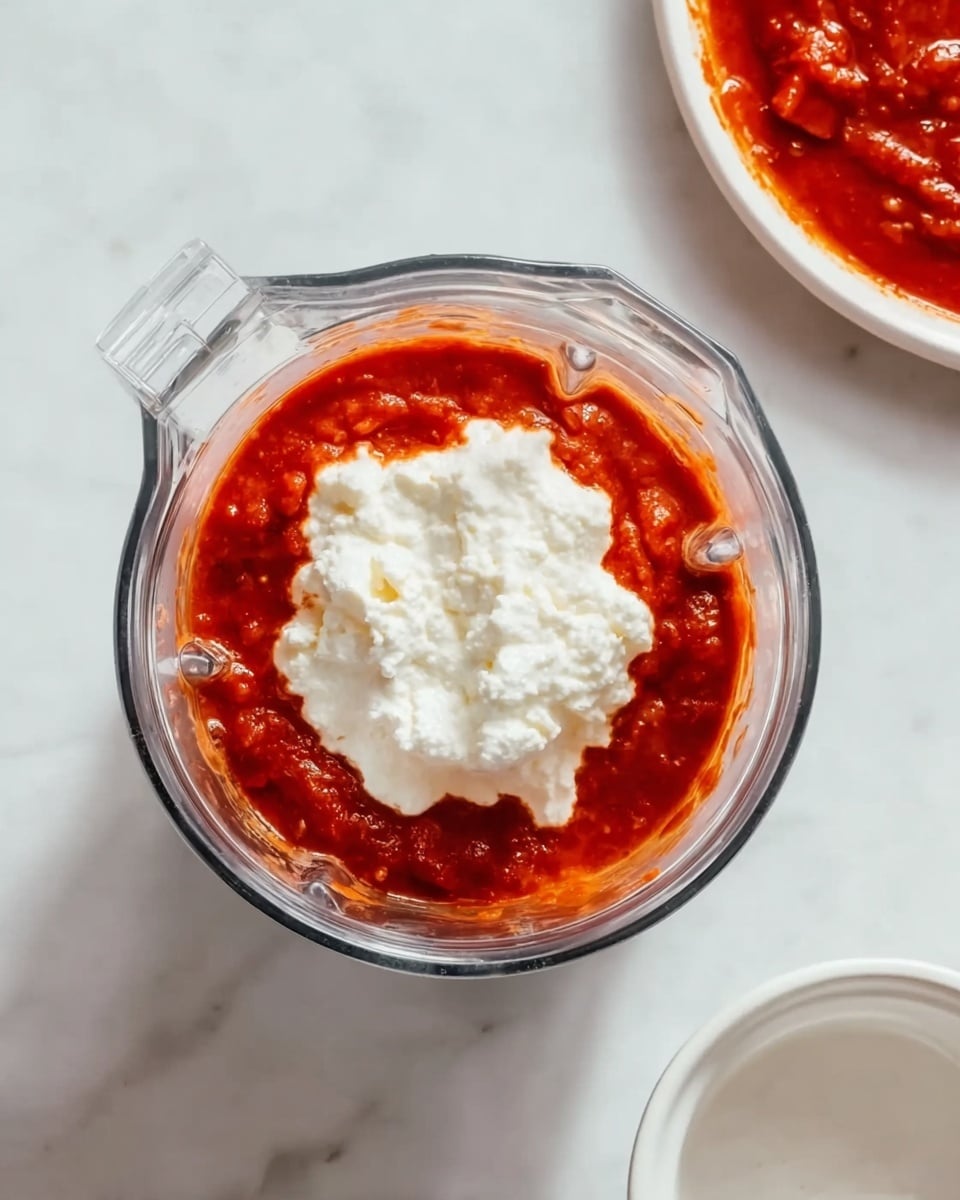 A clear blender jar sits on a white marbled surface, filled with two main layers: the bottom layer is a rich, thick red sauce with visible chunks of tomatoes, while the top layer is a dollop of soft, white cottage cheese with a slightly lumpy texture, centered in the jar. Nearby on the surface, there is a white cup and a portion of a white dish filled with the same red sauce, both adding to the cooking scene. The image is bright and sharp, showing detailed textures of the sauce and cheese. Photo taken with an iphone --ar 4:5 --v 7