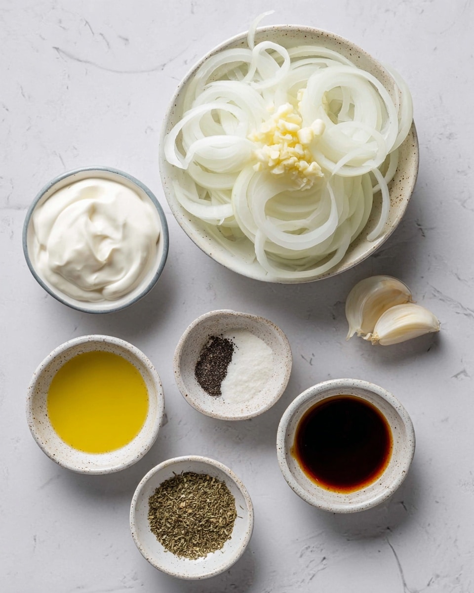 The image shows six small white bowls placed on a white marbled surface. The largest bowl is filled with thinly sliced white onions topped with a small pile of minced garlic. Next to it is a slightly smaller bowl with smooth, creamy white nonfat Greek yogurt. There are four tiny bowls around these: one containing a light yellow liquid of olive oil, another holding a dark brown Worcestershire sauce, one with a mix of black pepper, salt, and dried parsley, and the last one with garlic powder. The bowls have a simple, rustic look with a speckled pattern on the edges. photo taken with an iphone --ar 4:5 --v 7