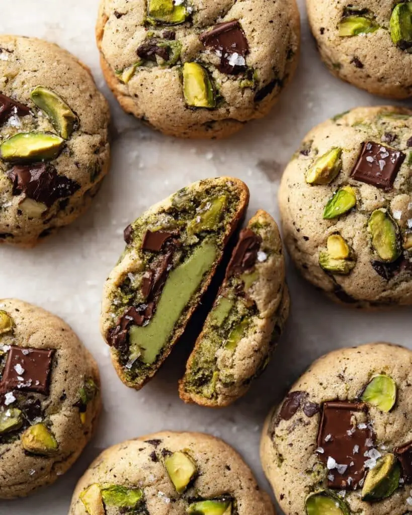 Pistachio Cream Cookies with Chocolate Chips and a Gooey Middle Recipe