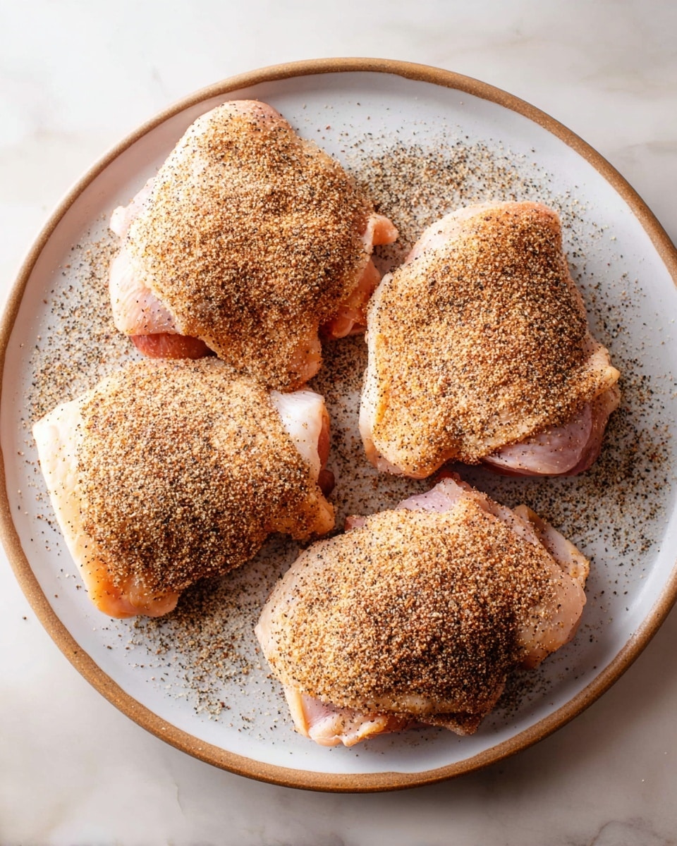The image shows four raw chicken thighs placed on a round white plate. Each thigh is covered with a layer of coarse seasoning, which includes a mixture of light brown, dark brown, and black specks, giving a textured and speckled appearance. The thighs are arranged in a circular pattern, with light sprinklings of seasoning on the plate around them. The plate is resting on a white marbled surface. photo taken with an iphone --ar 4:5 --v 7
