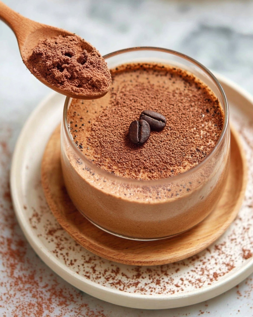 A small clear glass cup holds a single smooth layer of light brown chocolate mousse topped with a thin dusting of cocoa powder evenly spread on the surface. The mousse looks airy with visible tiny bubbles throughout. A wooden spoon rests on top of the cup, holding a scoop of the mousse with a single coffee bean placed on it. The cup sits on a small wooden plate, which is placed over a larger white plate, both sprinkled with cocoa powder. The background is a white marbled texture. photo taken with an iphone --ar 4:5 --v 7