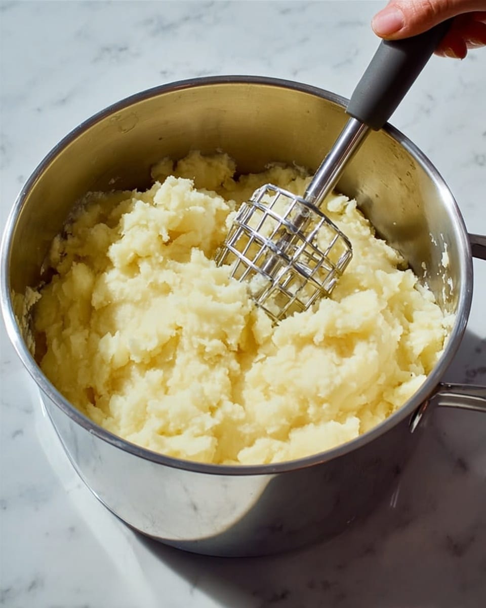 A large shiny silver pot is filled with soft, pale yellow mashed potatoes that are uneven in texture, showing some lumps. A metal potato masher with a square grid is pressing down into the potatoes, held by a woman’s hand gripping a long dark handle. The scene is set on a white marbled surface, and the pot reflects some of the light giving it a polished look. photo taken with an iphone --ar 4:5 --v 7