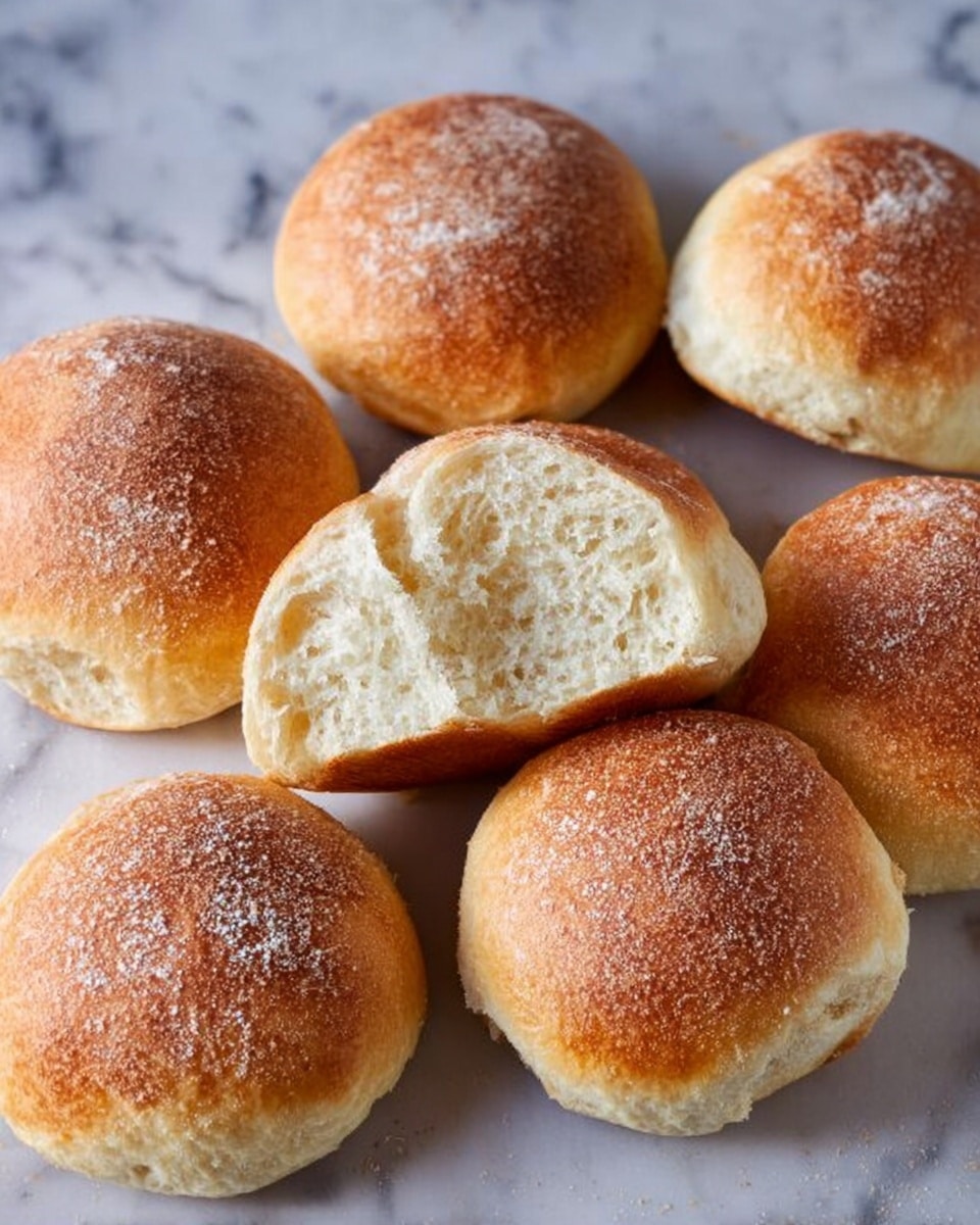 The image shows eight round bread rolls with a golden brown crust and a soft, slightly pale inside. One roll is broken in half to show the fluffy texture inside. The crust is lightly dusted with flour, giving a soft, light beige color on top. The rolls are placed on a white marbled surface with soft lighting showing their smooth, slightly shiny tops and soft interiors. photo taken with an iphone --ar 4:5 --v 7