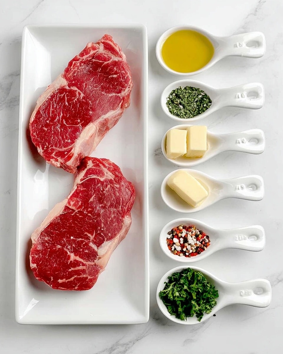 The image shows two raw steaks with red color and white fat marbling placed side by side on a long white rectangular plate. Around the plate are eight small white measuring spoons, each filled with different ingredients: yellow olive oil, light yellow butter cubes, green chopped parsley, white garlic cloves, white salt, black pepper, and small red pepper flakes. The background is a white marbled surface. The ingredients and steaks are neatly arranged in a flat lay style, with clear labels above each item. Photo taken with an iphone --ar 4:5 --v 7