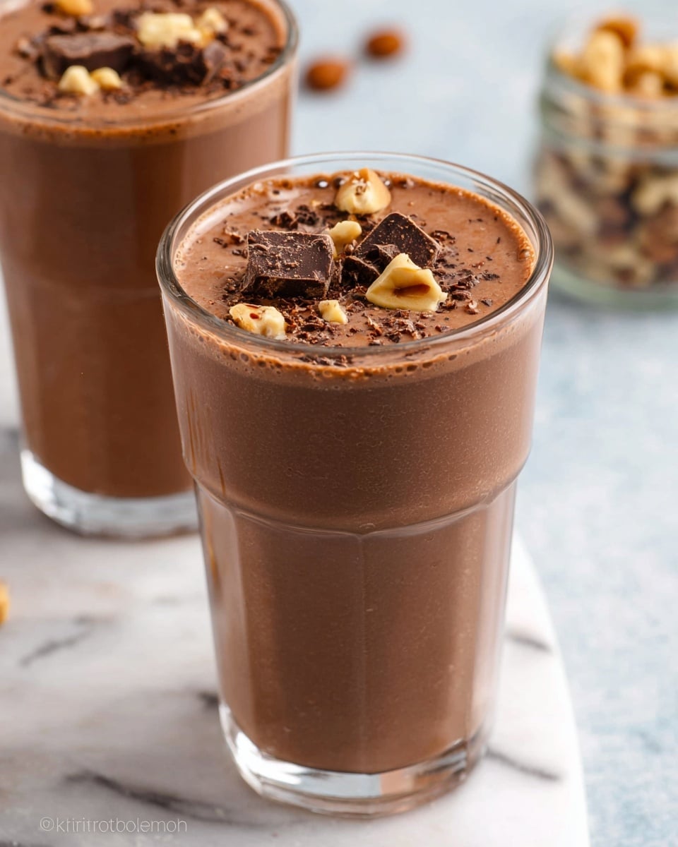 A clear glass on the right side is being filled with a light brown creamy liquid, showing a smooth, pouring motion from a container held by a woman's hand above. Next to it, slightly left and behind, is another clear glass filled to the top with the same light brown creamy drink, topped with a sprinkle of finely ground dark brown powder. The scene is set on a white marbled surface. In the blurred background on the right, there is a white bowl with whole and broken walnuts and a small glass jar filled with the same creamy liquid, adding depth to the image. Photo taken with an iphone --ar 4:5 --v 7