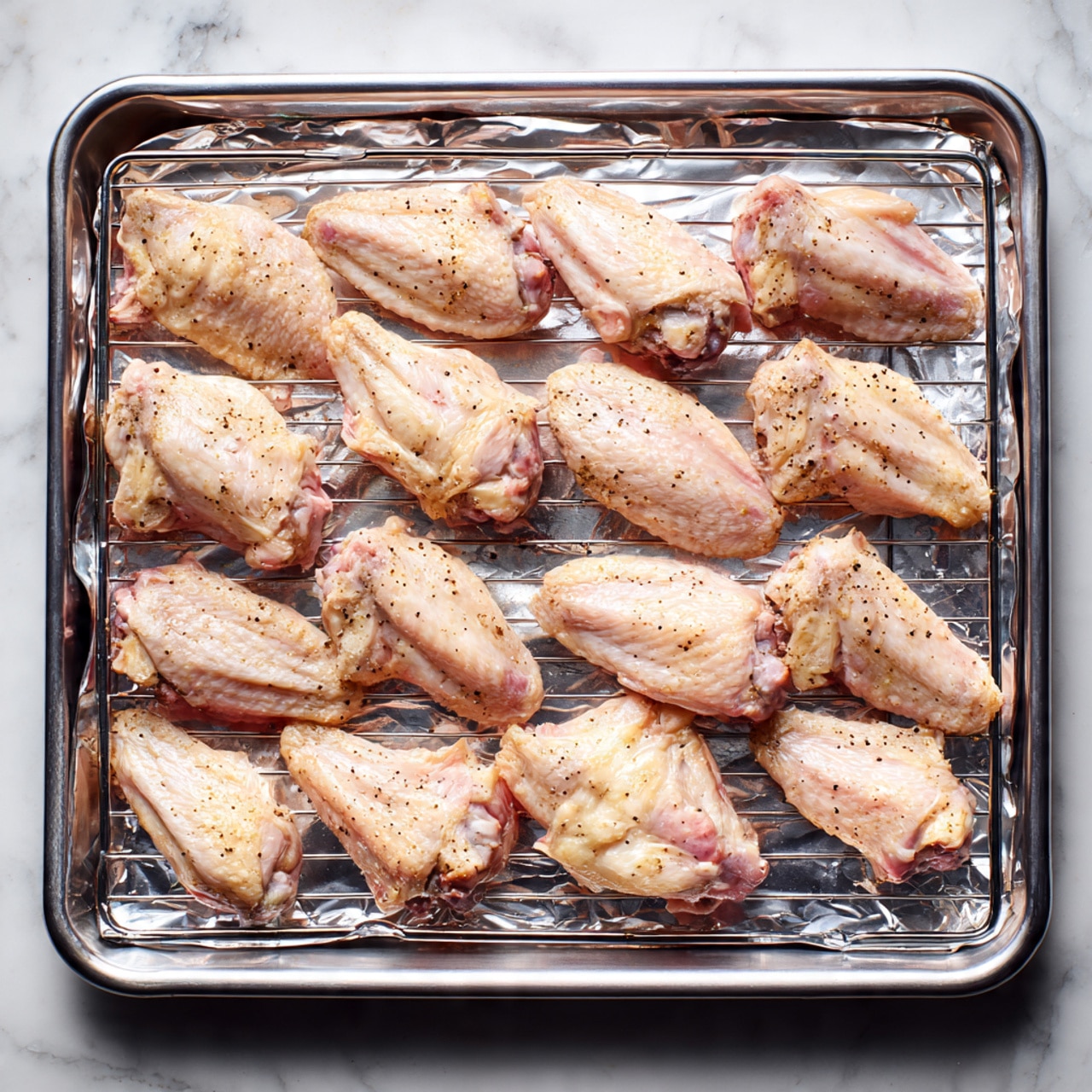 A metal baking tray lined with silver foil holds a wire rack that is filled with raw chicken wings spaced evenly in five rows. Each wing is pale pink with a light layer of seasoning visible, mostly black pepper and some coarse salt. The texture of the chicken skin is slightly bumpy and soft, with some parts showing a bit of yellow fat. The tray is set on a white marbled surface that softly contrasts with the silver and pale tones of the chicken wings. photo taken with an iphone --ar 4:5 --v 7