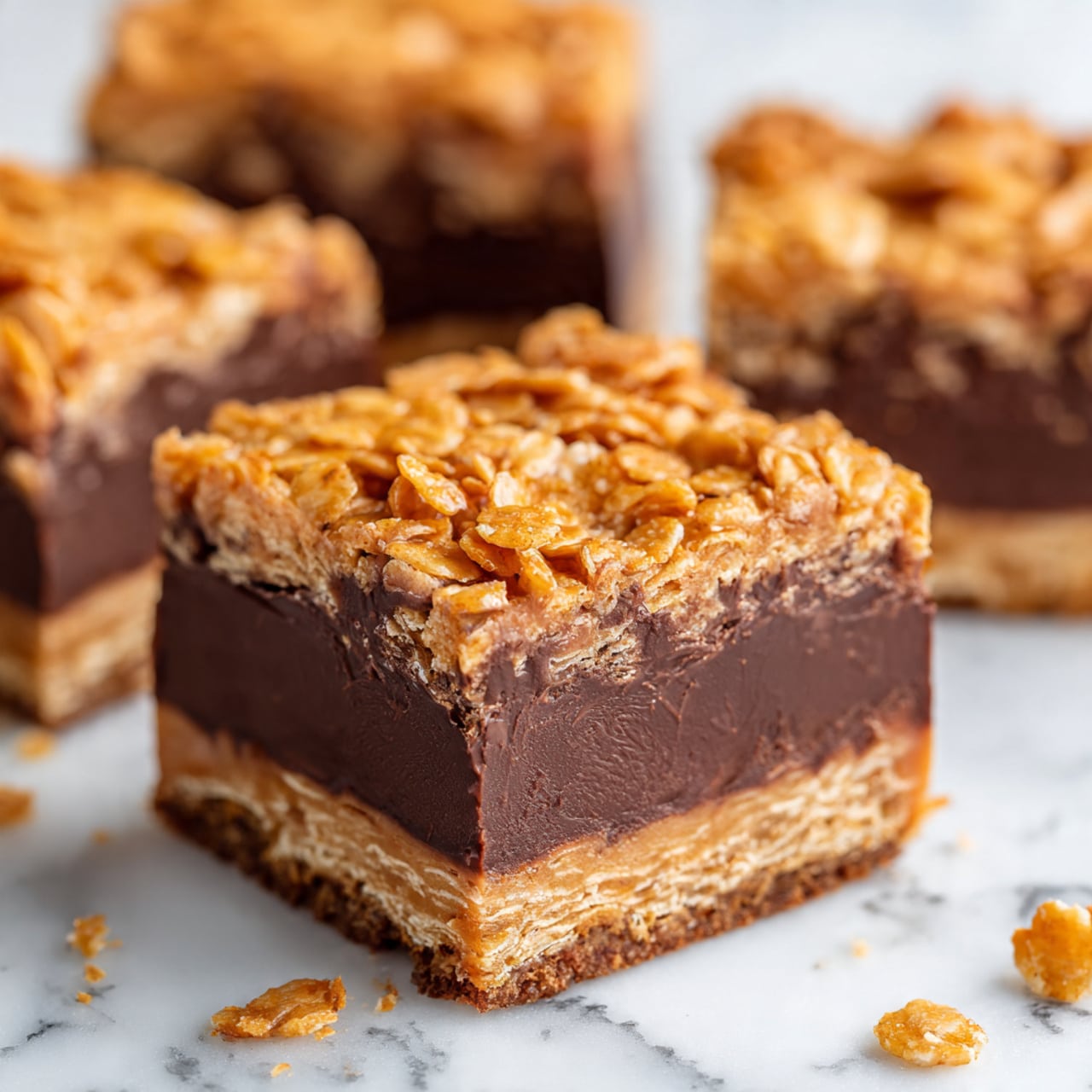 A stack of six dessert squares sits on a white plate with a white marbled surface underneath. Each square has two clear layers: the bottom layer is thick, dense, and dark brown with a smooth texture, resembling rich chocolate brownies. The top layer is a golden brown crispy topping made of a crunchy mixture, showing uneven texture with small clusters and a slightly rough surface. The squares are stacked in a pyramid shape, with some edges slightly uneven, highlighting the crunchy top and dense brownie base. The background shows a simple white tiled wall. Photo taken with an iphone --ar 4:5 --v 7