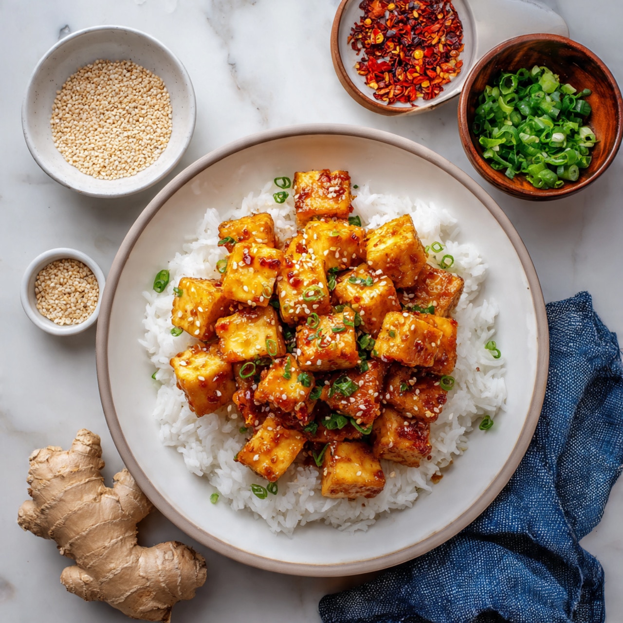 The image shows many small, square-shaped golden pieces of tofu, each coated with a shiny orange sauce. The tofu pieces are topped with small white sesame seeds scattered across the surface and sliced green onions adding a fresh green color. The tofu squares have a slightly crisp texture on the edges and a smooth surface, arranged closely together on a white marbled texture. The sauce looks sticky and glossy, sticking to the tofu and adding a slightly wet look. photo taken with an iphone --ar 4:5 --v 7
