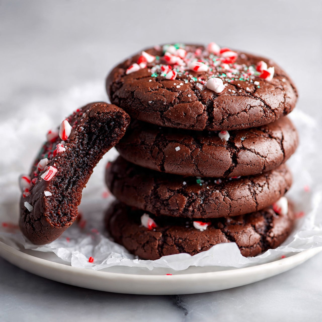 Eight round chocolate cookies with cracked surfaces are arranged closely on white baking paper inside a metal tray. Each cookie is topped with small pieces of red and white crushed peppermint candy that add a contrasting pop of color and texture. The tray rests on a white marbled surface with a white cloth partly visible at the bottom. The overall look is cozy and festive, showing rich dark brown cookies with rough edges and smooth shiny patches around the candies. photo taken with an iphone --ar 4:5 --v 7