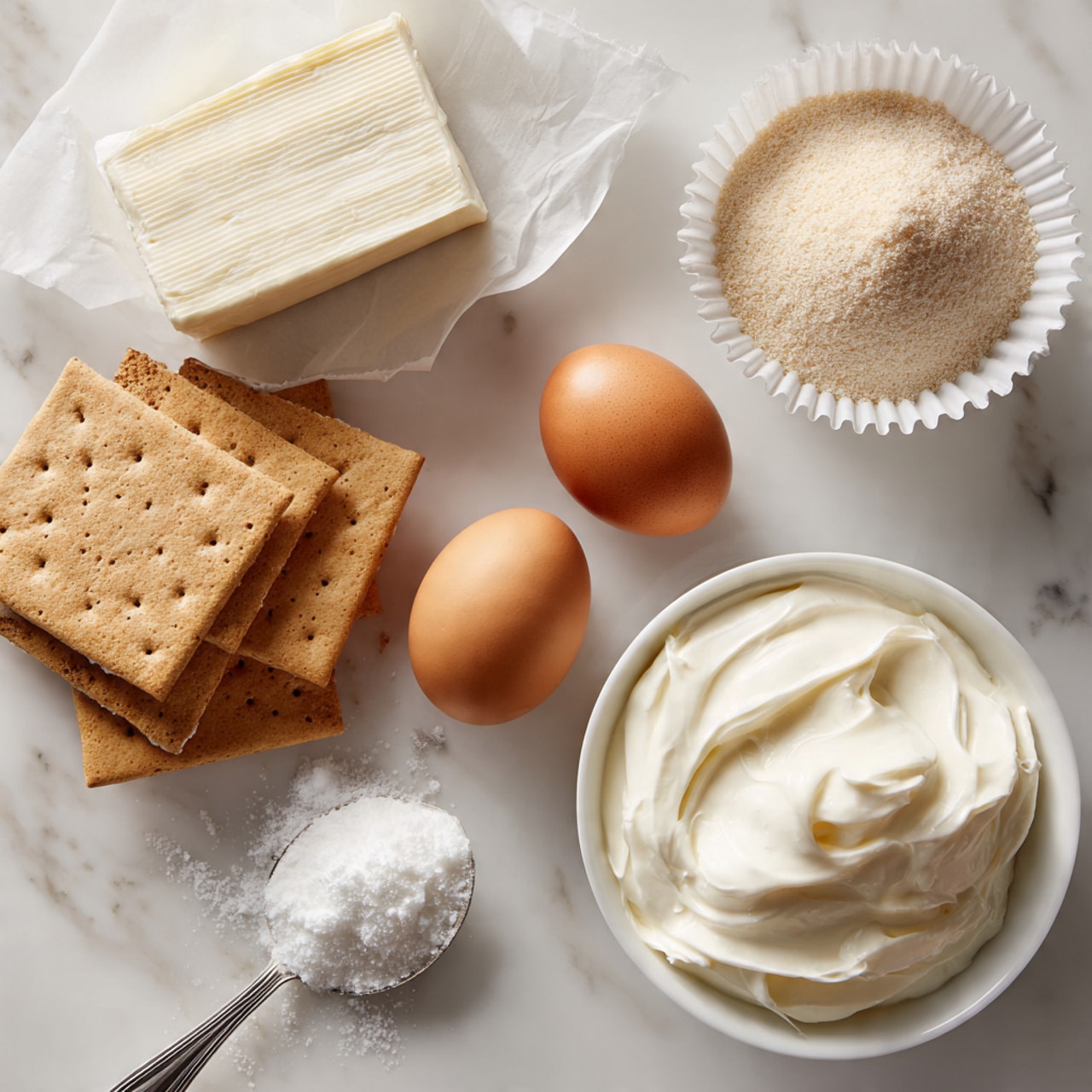 The image shows a white marbled surface with several baking ingredients arranged neatly. There is a stack of light brown graham crackers on the left and another smaller stack in the middle right. Two brown eggs are placed separately, one resting in a white paper cup and the other in a small white bowl filled with white granulated sugar. A sealed block of cream cheese with a smooth white texture is on the top left. Near the bottom right, a white bowl holds a creamy, white whipped mixture, and a silver spoon with a white powdery substance rests on the bowl's edge. The scene is bright and clean, with soft natural lighting. photo taken with an iphone --ar 4:5 --v 7
